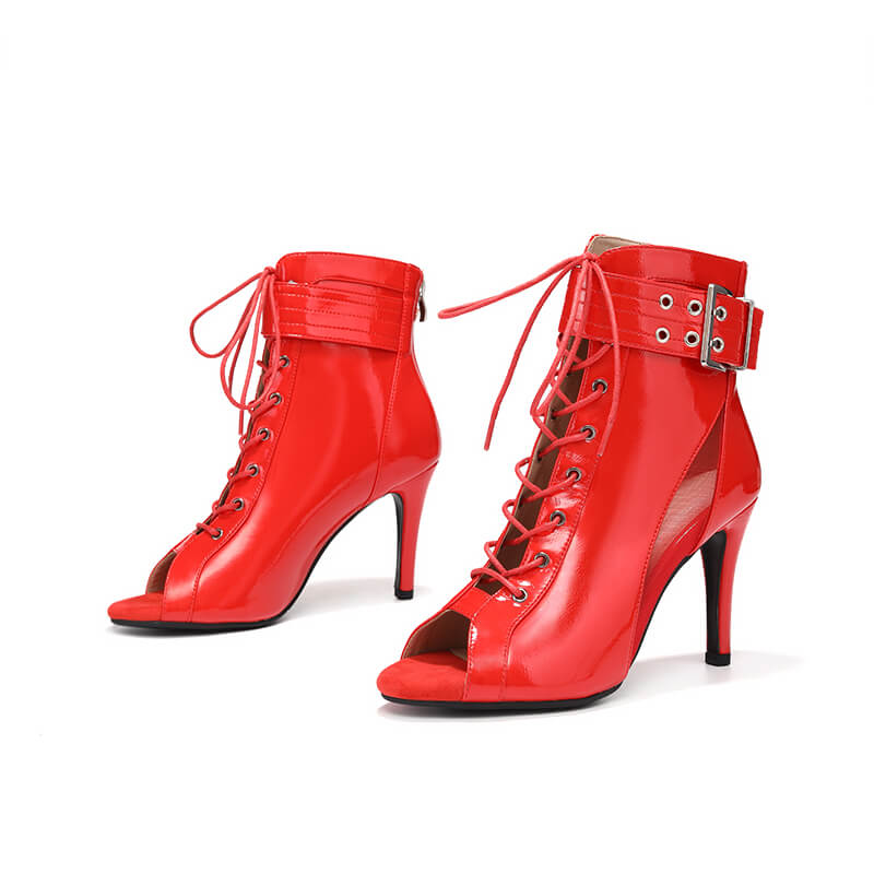 Stylish Red Patent Leather Ankle Boots with Buckle Detail - Perfect for Women's Fashion, Office Wear & Night Out Outfits