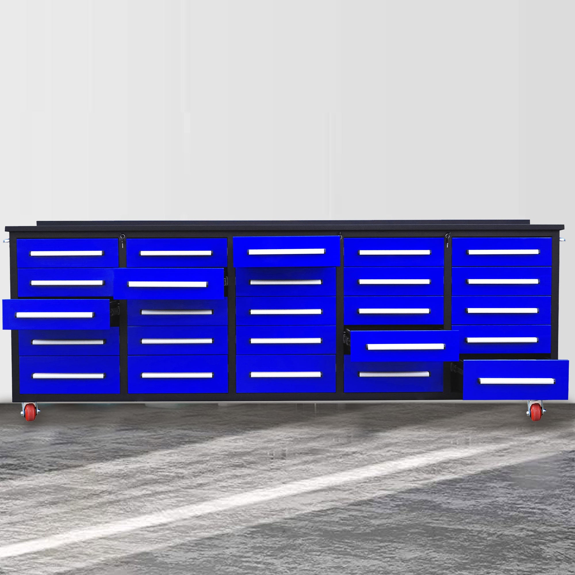 10ft Heavy Duty Workbench with 25 Storage Drawers - Blue | Garage Workshop Organizer, Tool Storage Solution for DIY & Professional Use