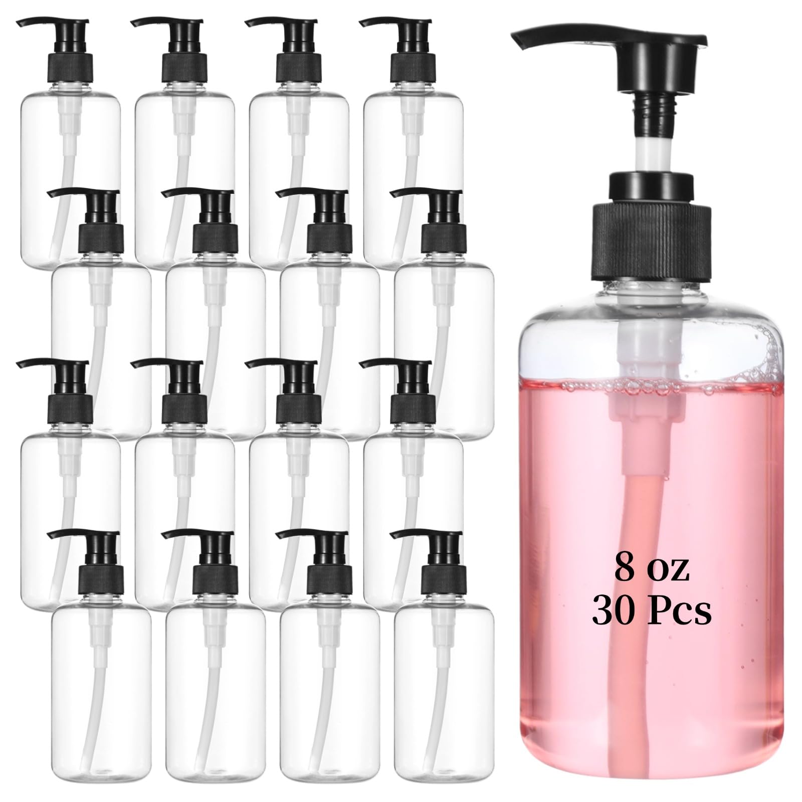 30 Pcs 8 oz Clear Empty Plastic Lotion Bottles with Pump - Refillable Travel Containers for Shampoo, Body Wash, Hand Soap, Oil & Face Cream | Portable Dispenser for Home, Salon, Gym & Travel Use