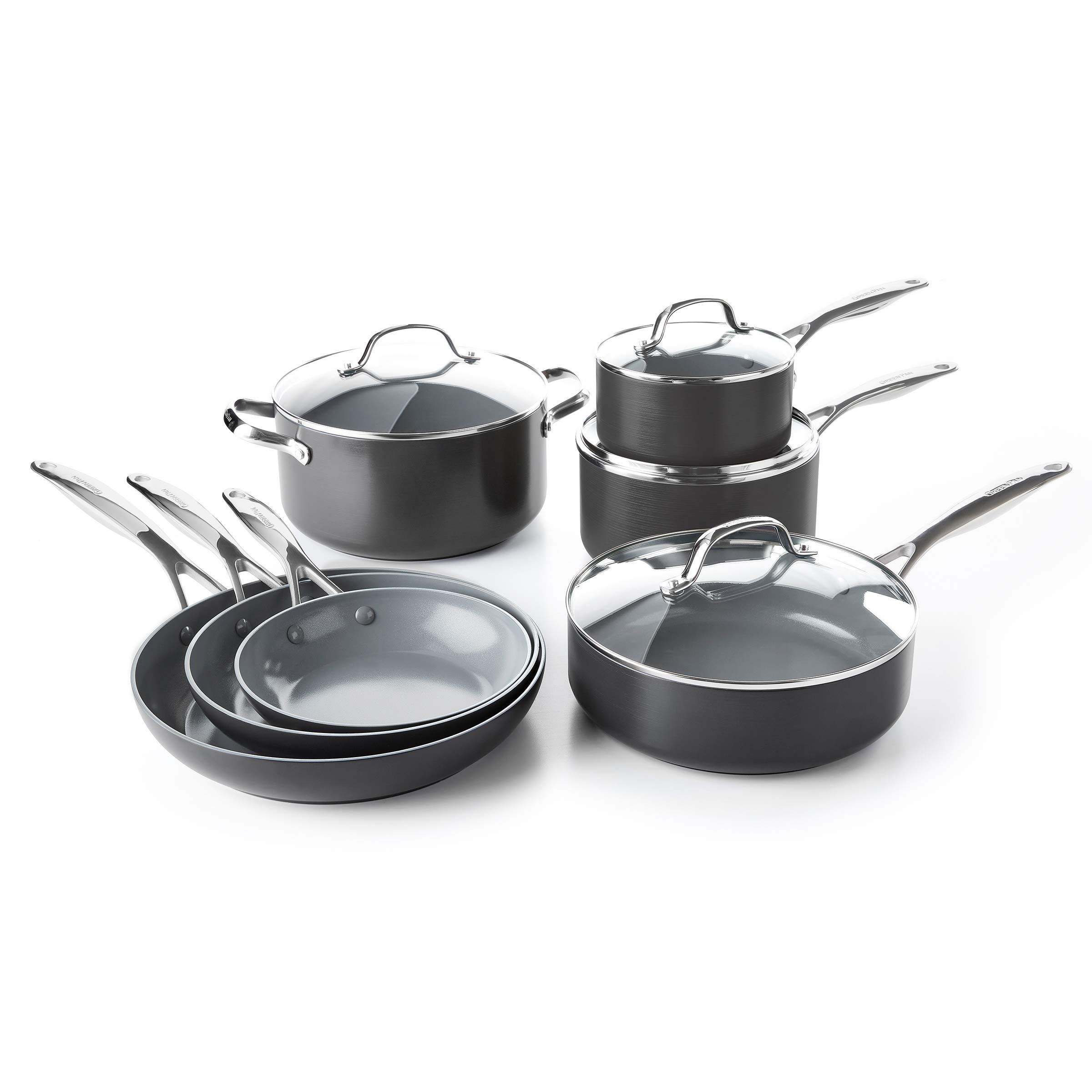GreenPan Valencia Pro 11-Piece Non-Toxic Ceramic Nonstick Cookware Set with Square Griddle - Oven & Dishwasher Safe, PFAS-Free, Gray & Lima - Perfect for Healthy Cooking, Frying & Baking at Home