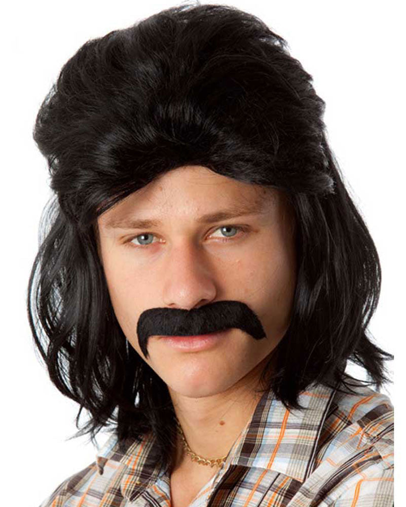 80s Classic Black Mullet Wig and Mustache Costume Set - Perfect for 80s Theme Parties, Halloween, Cosplay & Retro Costume Events
