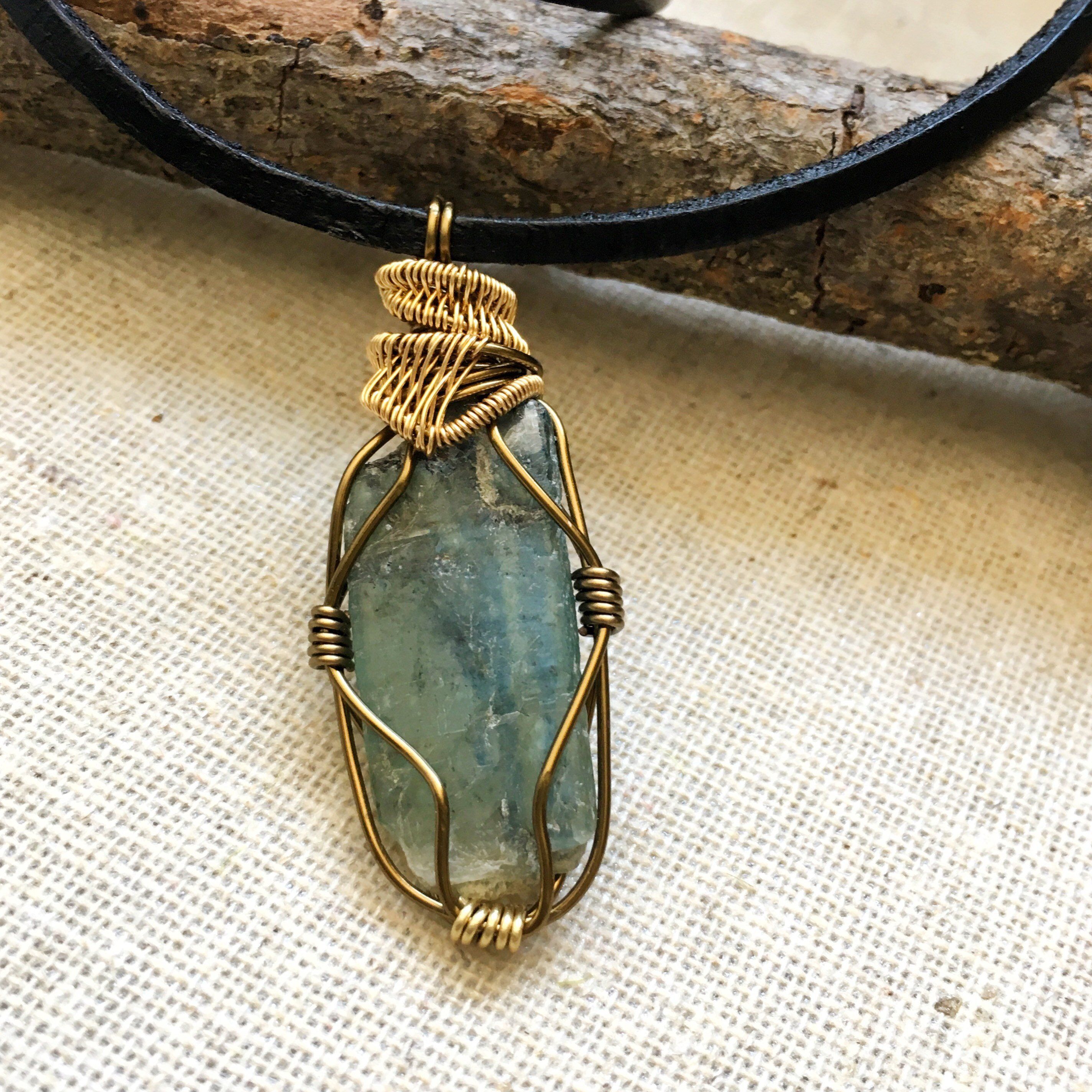 Handmade Gold & Antique Bronze Wire Wrapped Raw Green Kyanite Pendant Necklace - Natural Crystal Jewelry for Women, Boho Chic Gift, Spiritual Healing & Everyday Wear