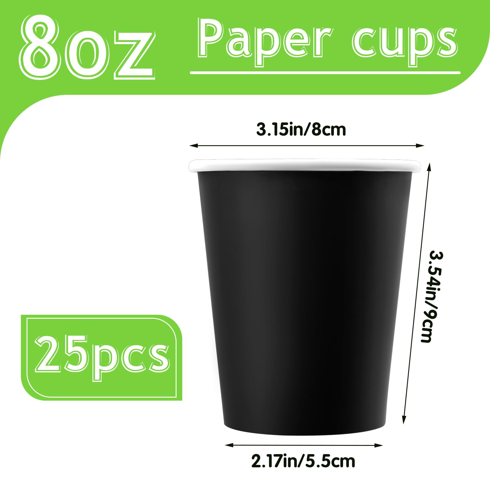 8oz Black Disposable Paper Cups - Hot & Cold Beverage Drinking Cups for Coffee, Juice, Tea - Eco-Friendly Party Supplies for Home, Office, Picnic & Events (25 Pack)
