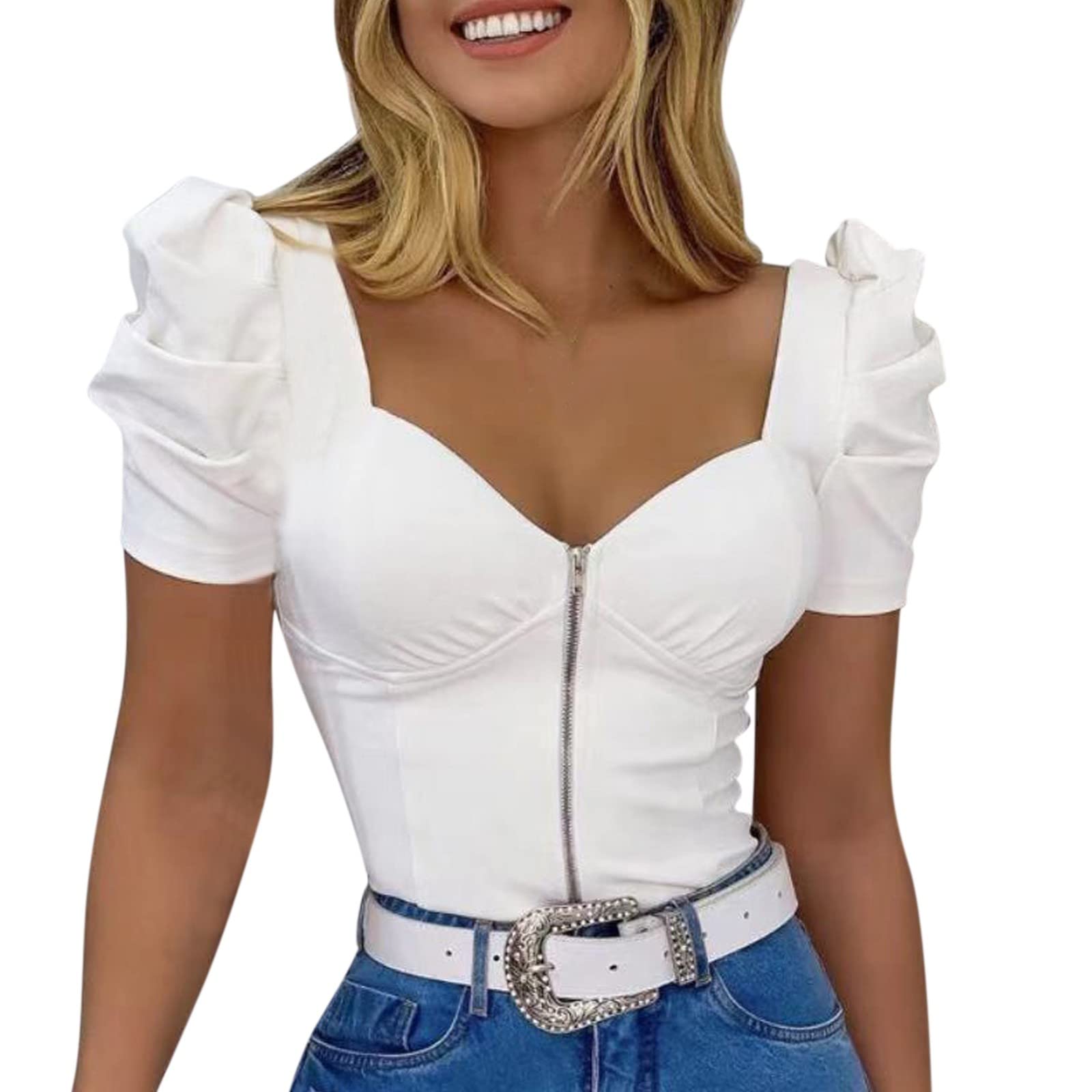 Trendy Women's Casual V-Neck Printed Short Sleeve T-Shirt - Summer Loose Fit Tunic Blouse (White, Large) | Perfect for Beach Outings, Weekend Wear & Summer Vacations