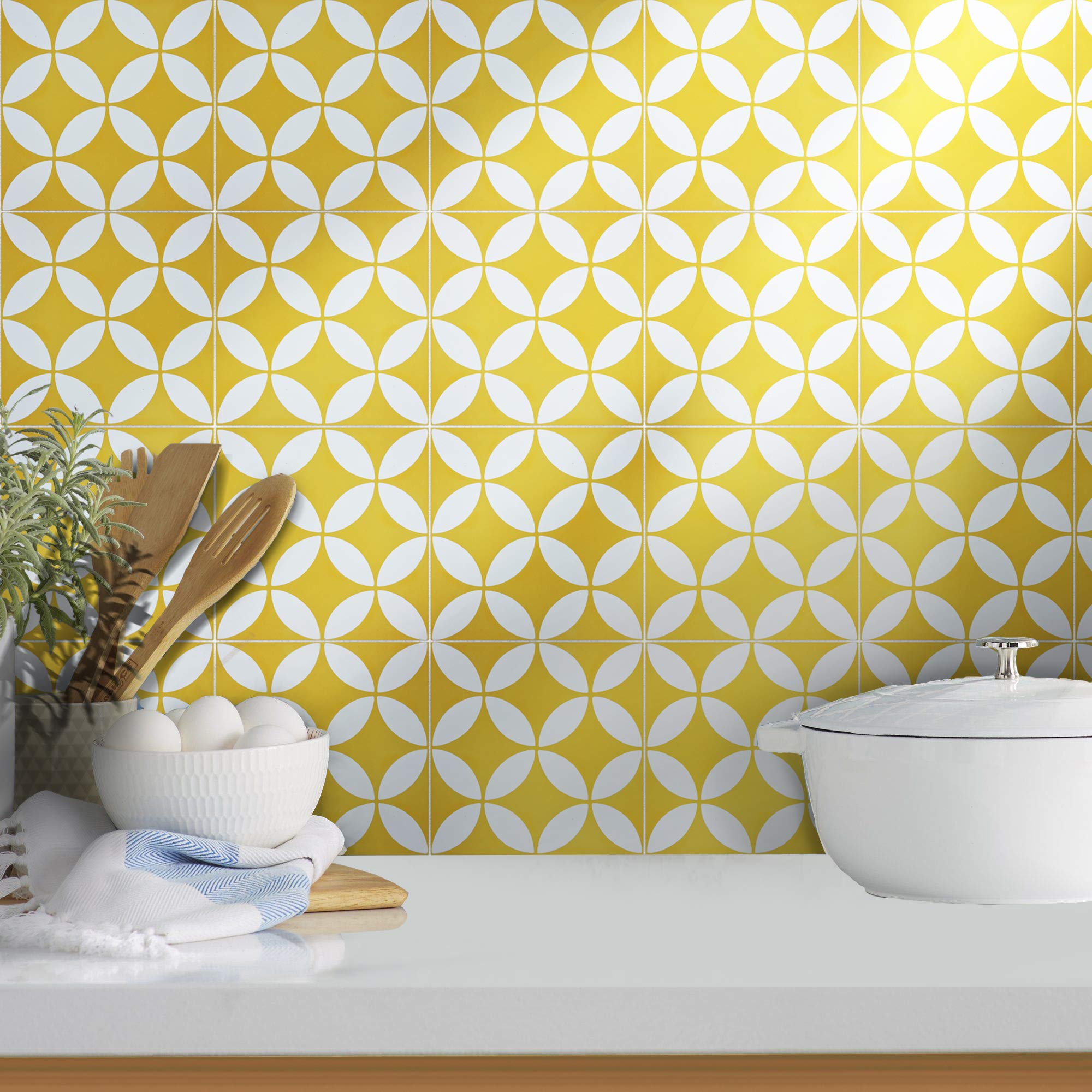 Handmade Moroccan Cement Mosaic Tile - Pack of 12 (Yellow & White) | Authentic Amlo Design for Kitchen Backsplash, Bathroom Floor & Mediterranean Home Decor