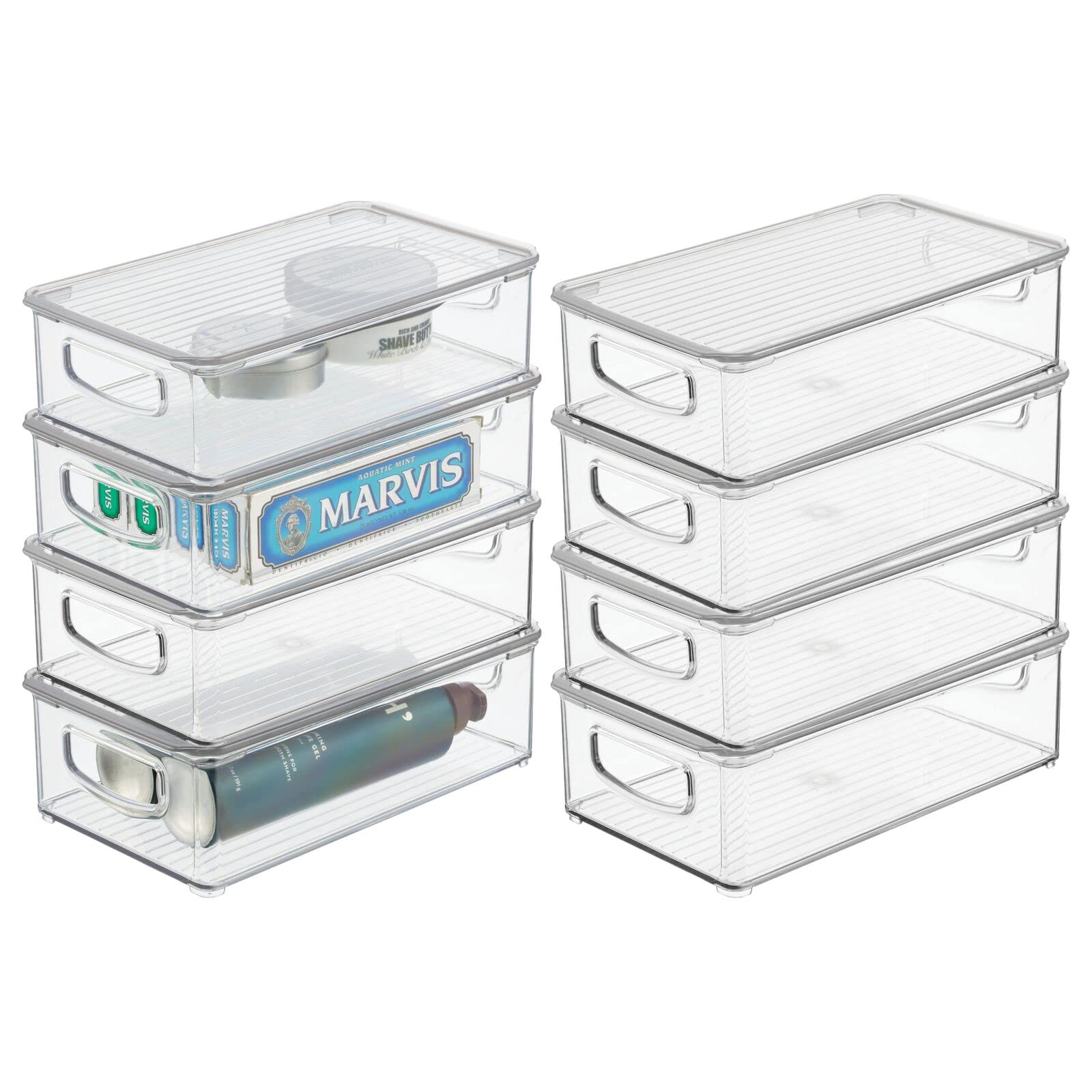 mDesign Slim Plastic Storage Bin with Lid & Built-in Handles - 8 Pack Clear Organizer Box for Makeup, Hair Tools, Bathroom & Vanity Accessories - Perfect for Home, Office & Travel Organization (Ligne Collection)