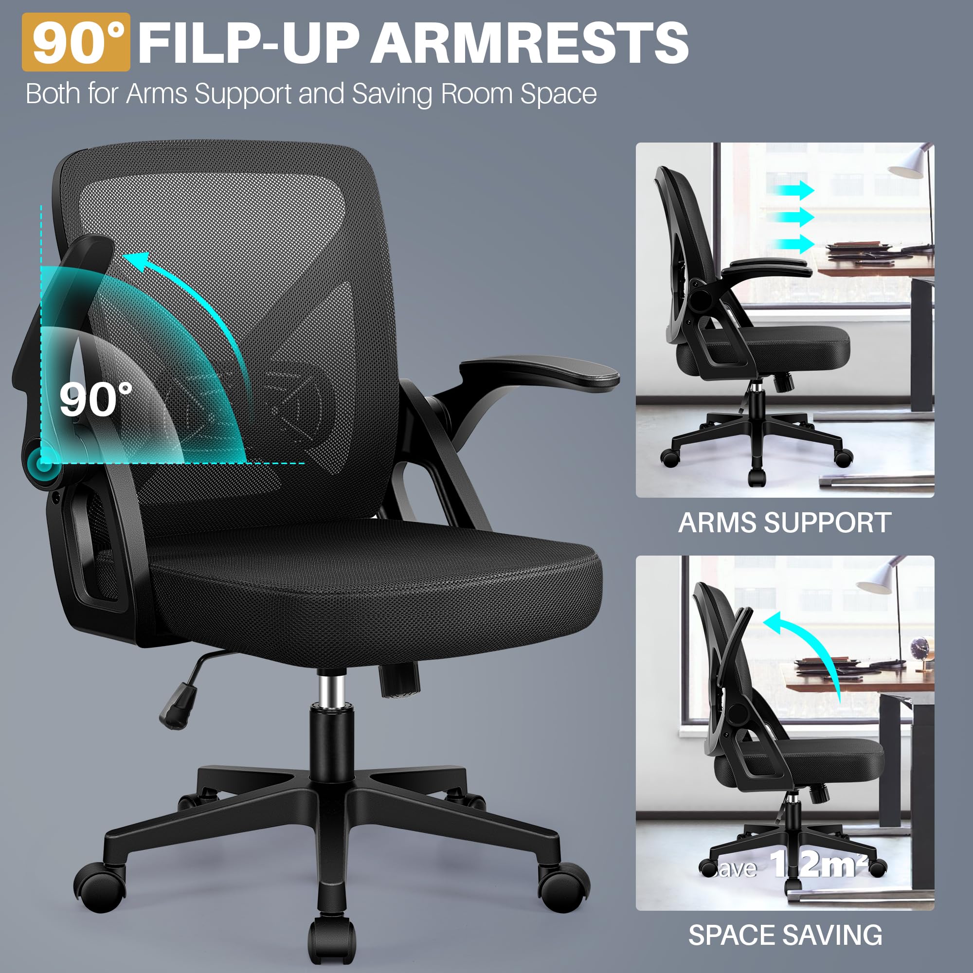 FelixKing Ergonomic Office Chair - Breathable Mesh Desk Chair with Wheels, Lumbar Support & Flip-Up Armrests - Adjustable Swivel Computer Chair for Home & Office Use (Black) | Perfect for Long Work Hours, Gaming & Remote Work