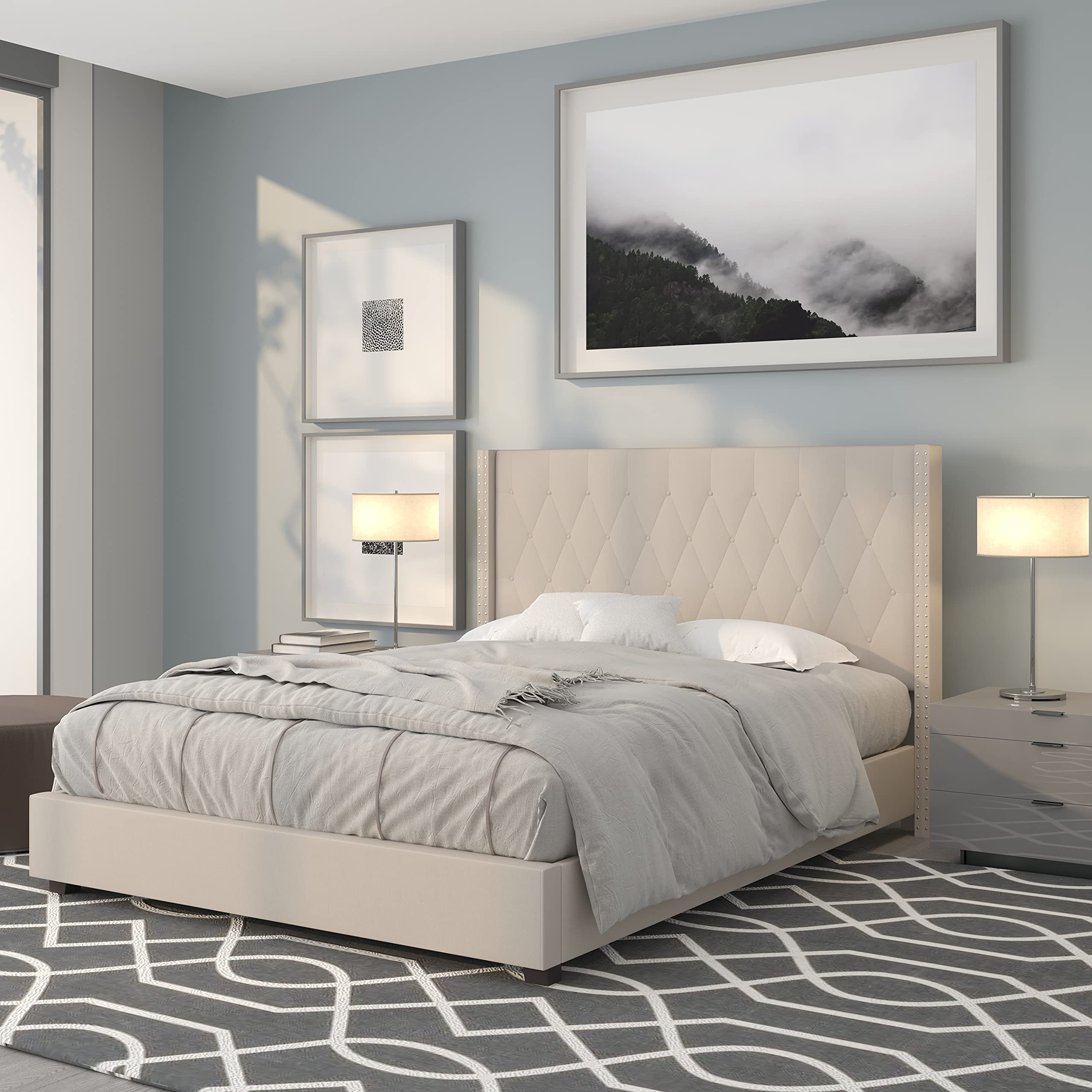 Flash Furniture Riverdale Queen Size Tufted Upholstered Platform Bed in Beige Fabric - Modern Bedroom Furniture for Master Bedroom, Guest Room & Apartment