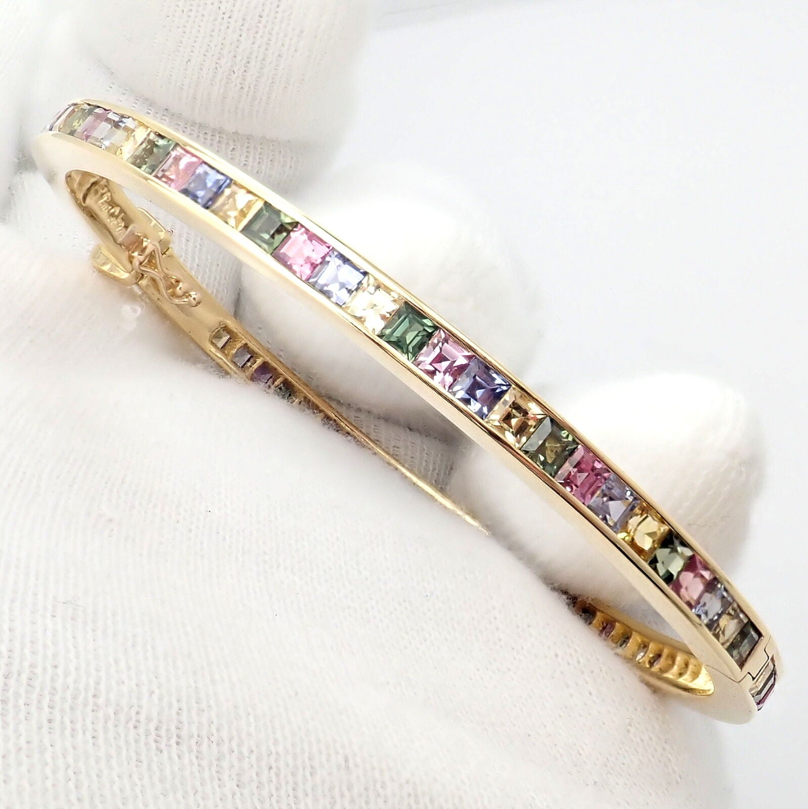 Authentic Julius Cohen 18K Yellow Gold Diamond & Pastel Gemstone Cuff Bracelet - Luxury Jewelry for Women, Perfect for Weddings, Parties & Special Occasions