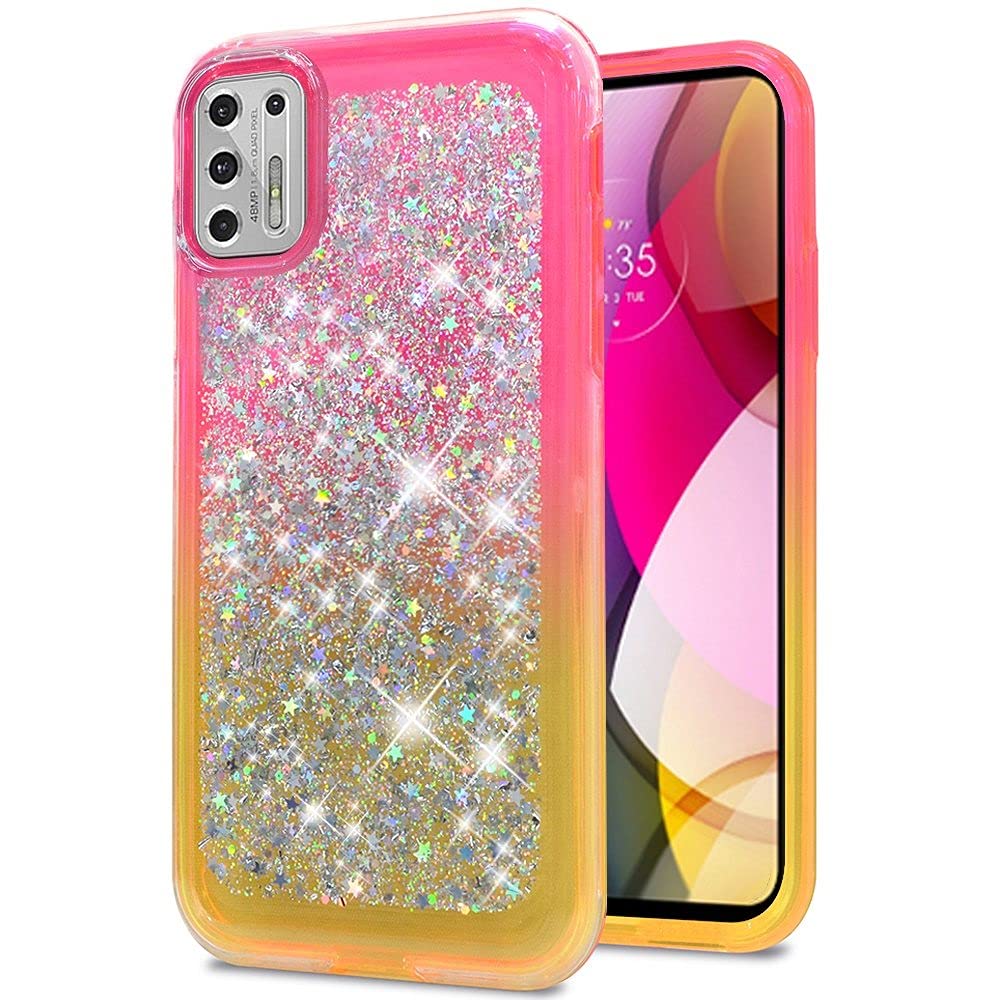 Star Sprinkled Epoxy Case Cover for Moto G Stylus 2021 - Pink & Yellow Glitter Phone Case | Protective Shockproof Cover with Stylish Design for Everyday Use & Gift Giving