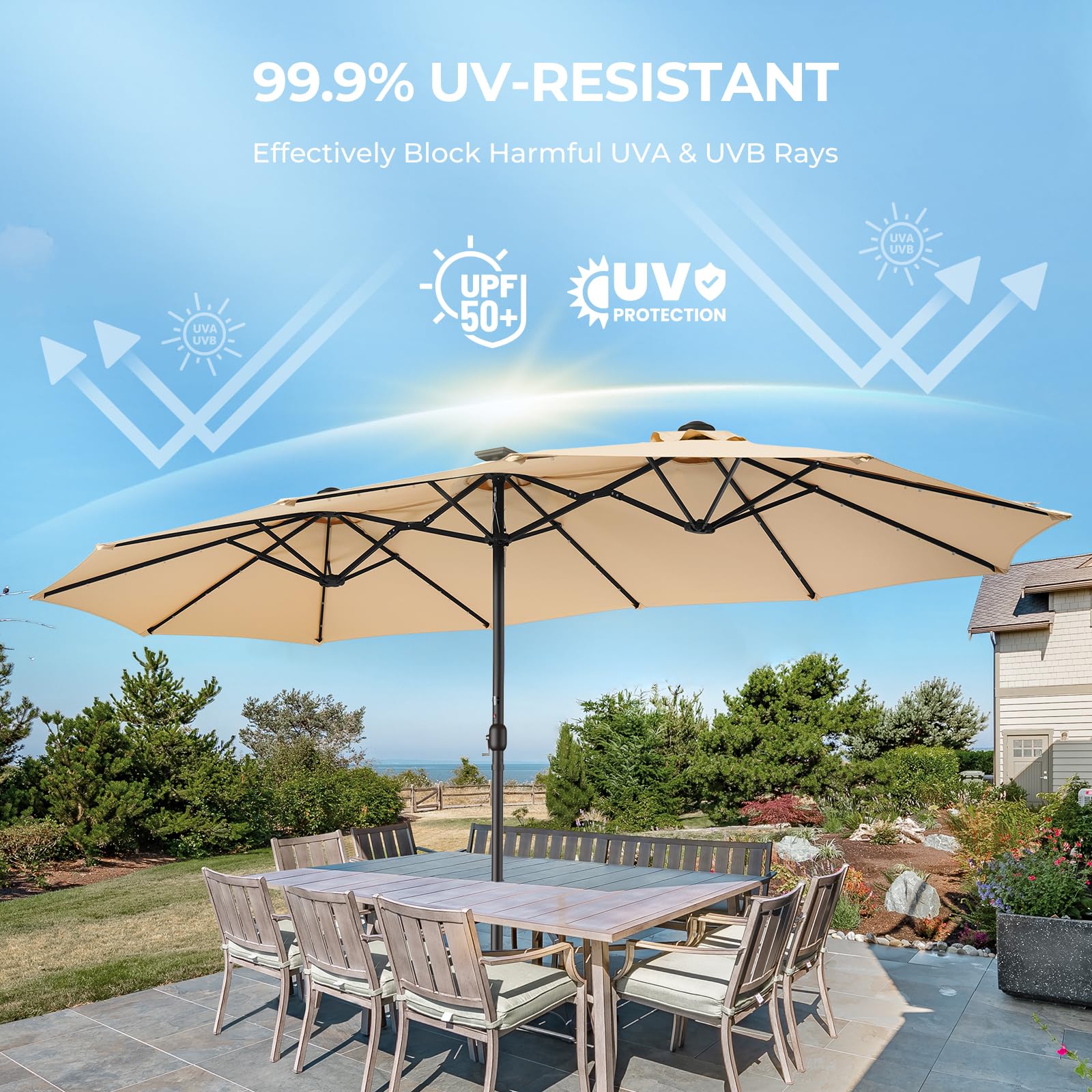 15ft Solar LED Double Sided Patio Umbrella with Base - Extra Large Outdoor Market Table Umbrella for Deck, Pool, Backyard - Perfect for Outdoor Dining, Lounging, and Entertaining (Beige)