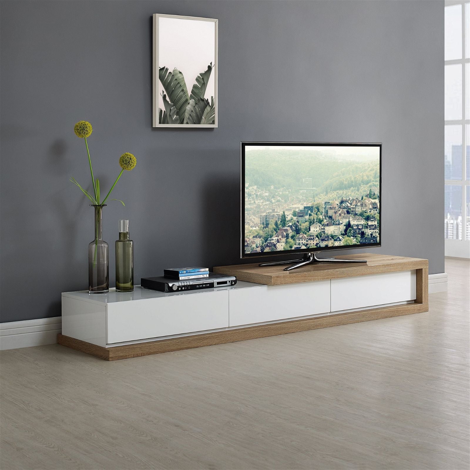 Criterion™ Expandable TV Stand with Concertina Design in Solid Oak - Perfect for Living Room, Home Theater & Entertainment Centers