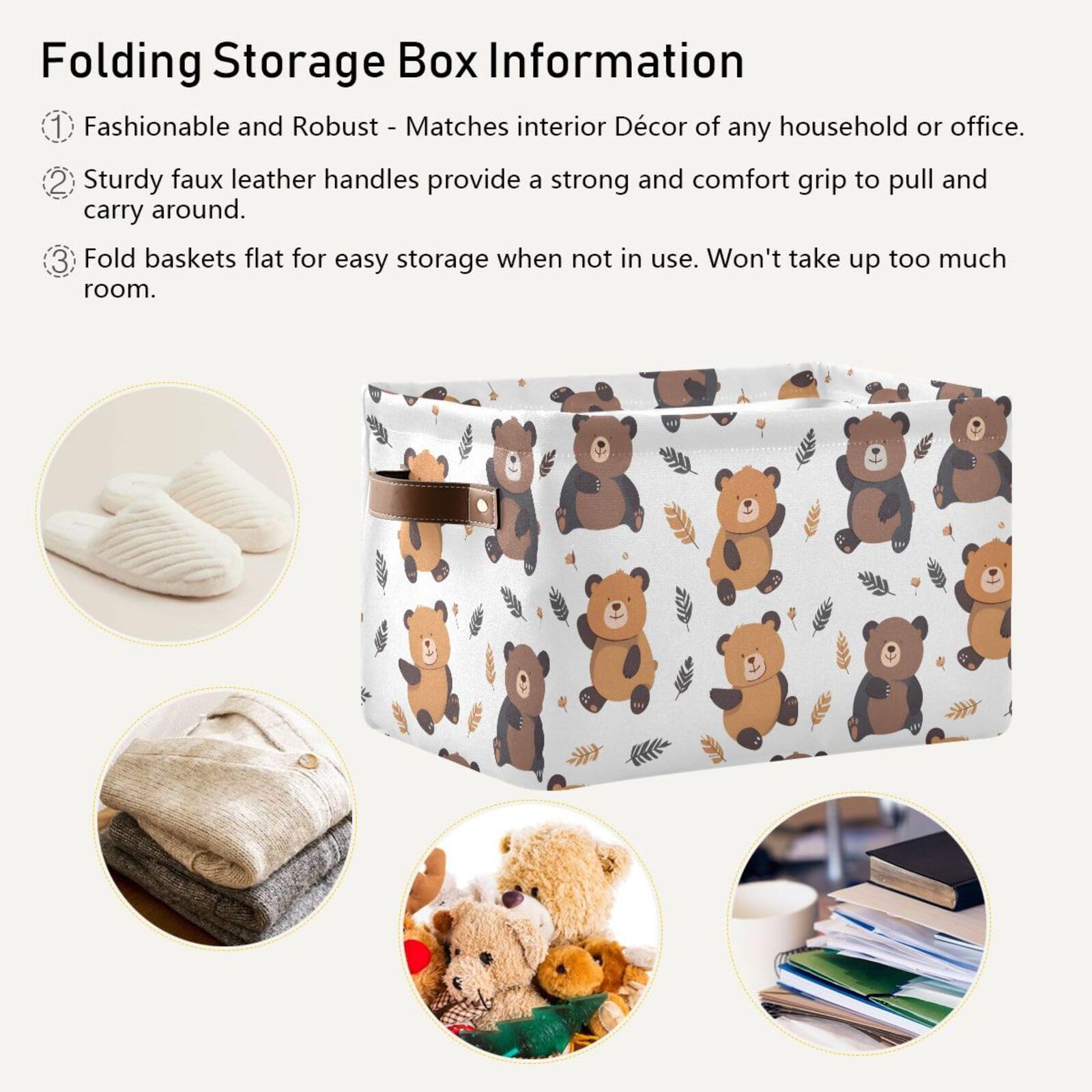 ALAZA Foldable Storage Bins with Handles - 2 Pack Large Woven Basket for Home Organization, Shelves, Toys & Clothes | Brown Bear Design Collapsible Storage Box for Bedroom, Nursery, Playroom & Office