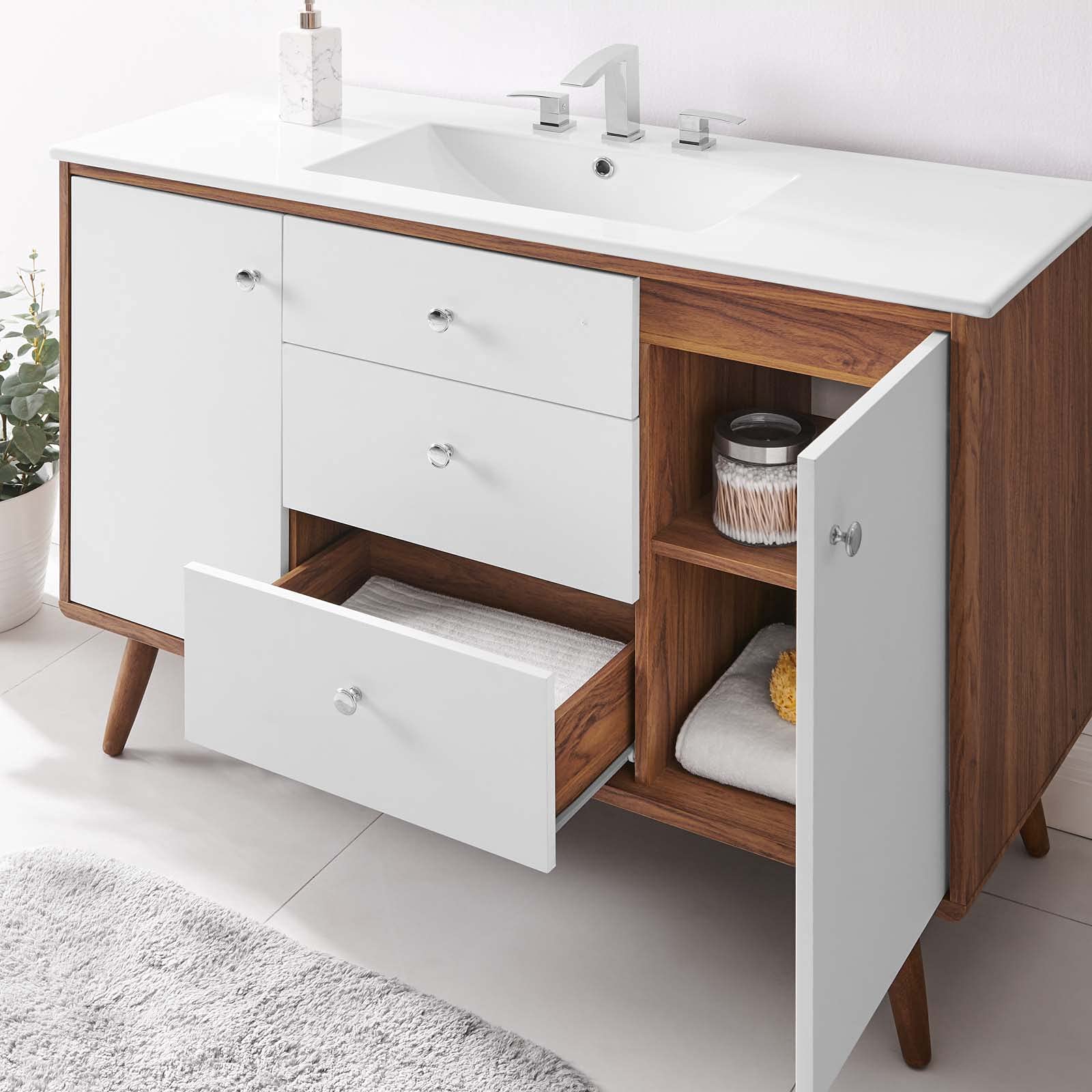 Modern Wooden Sink Vanity Cabinet - Brown Walnut & White Finish for Contemporary Bathrooms | Perfect for Hotel, Master Bedroom & Bathroom Decor
