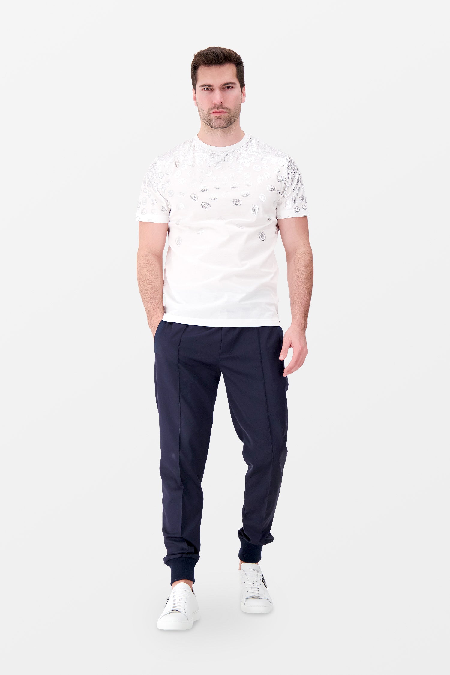 Billionaire White/Silver Stainless Steel Money Print T-Shirt - Trendy Streetwear for Men's Fashion & Casual Outfits