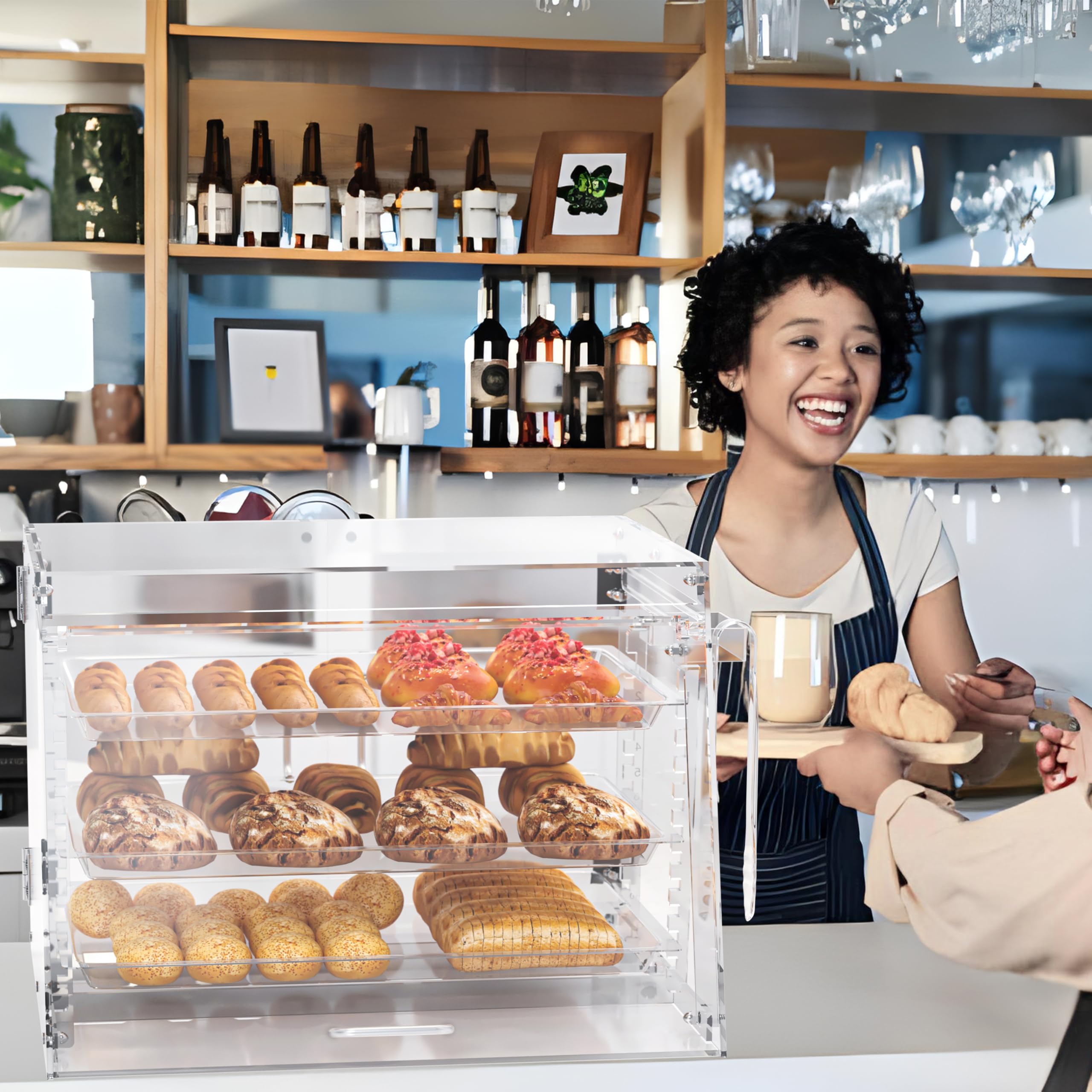 Commercial Countertop Bakery Display Case - 3-Tier Adjustable Pastry Case with Bread Tongs - Clear Acrylic Showcase for Cakes, Cookies & Baked Goods (21