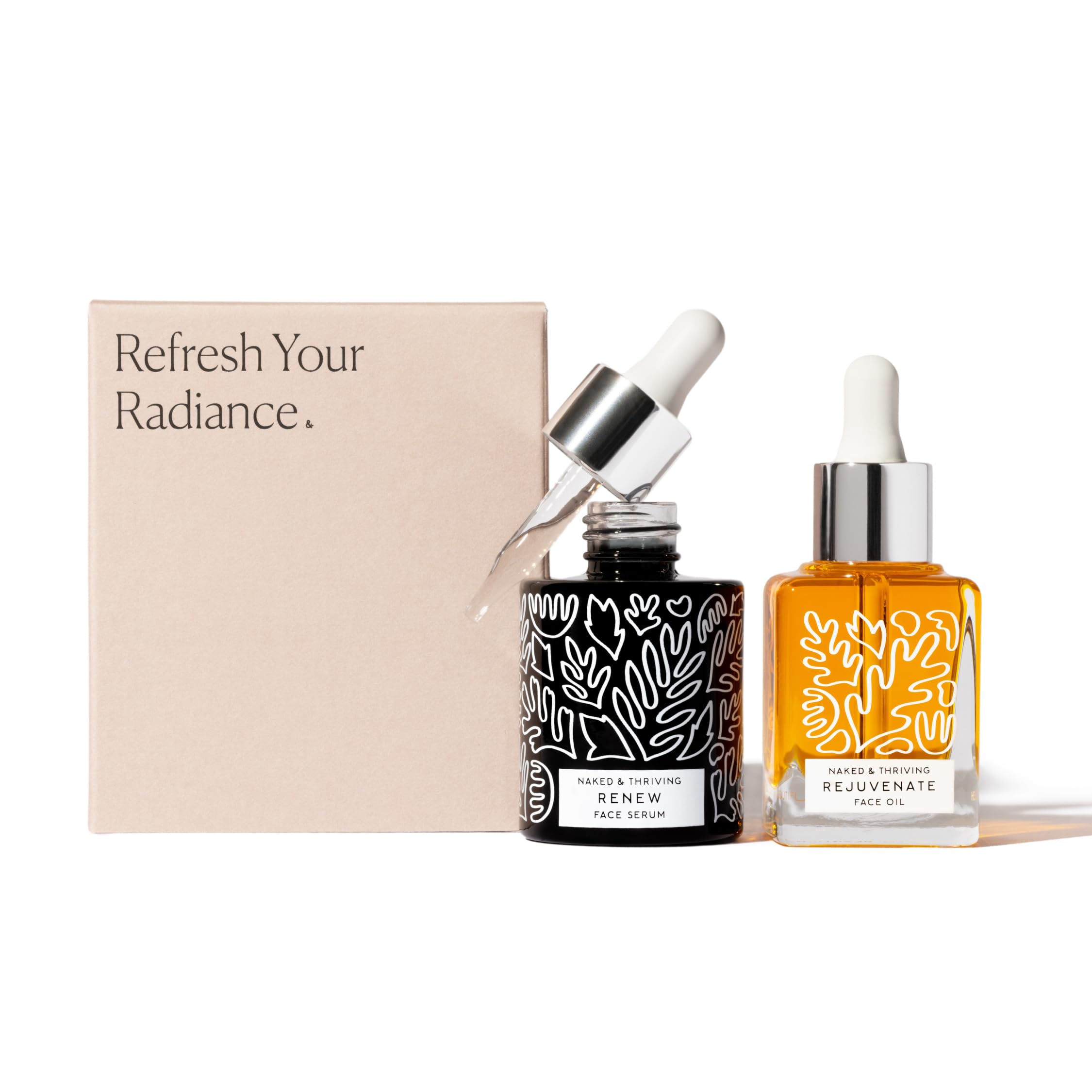 Naked & Thriving The Night Set - Renew Resurfacing Night Serum (30mL) & Rejuvenate Restorative Face Oil (35mL) with Hyaluronic Acid, Argan Oil, Sea Buckthorn Oil & Fruit AHAs - Anti-Aging Skincare Set for Dry Skin, Wrinkles & Night Repair