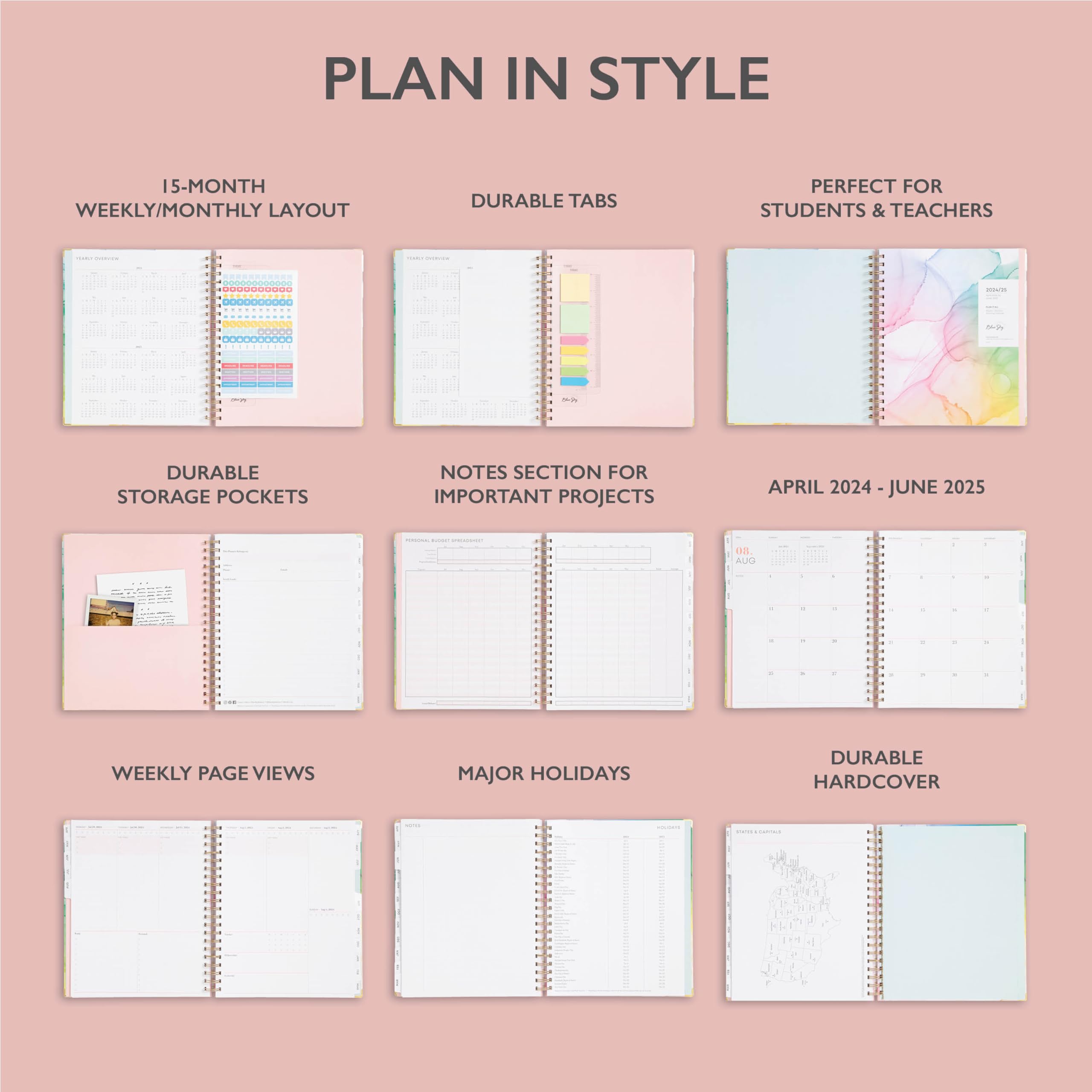 Blue Sky 2024-2025 Academic Planner - Weekly & Monthly Calendar, 8.5 x 11 Inch Hardcover Wirebound Notebook with Rainbow Pages - Perfect for Students, Teachers & Office Organization