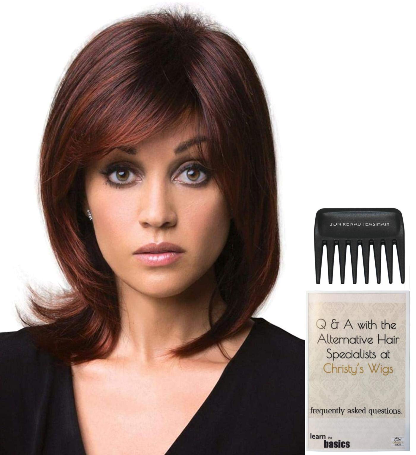 Rene of Paris Jade Wig Bundle - Dark Chocolate Synthetic Hair Wig with Christy's Wigs Q&A Booklet & Wide Tooth Comb | Perfect for Cosplay, Costume Parties & Everyday Wear