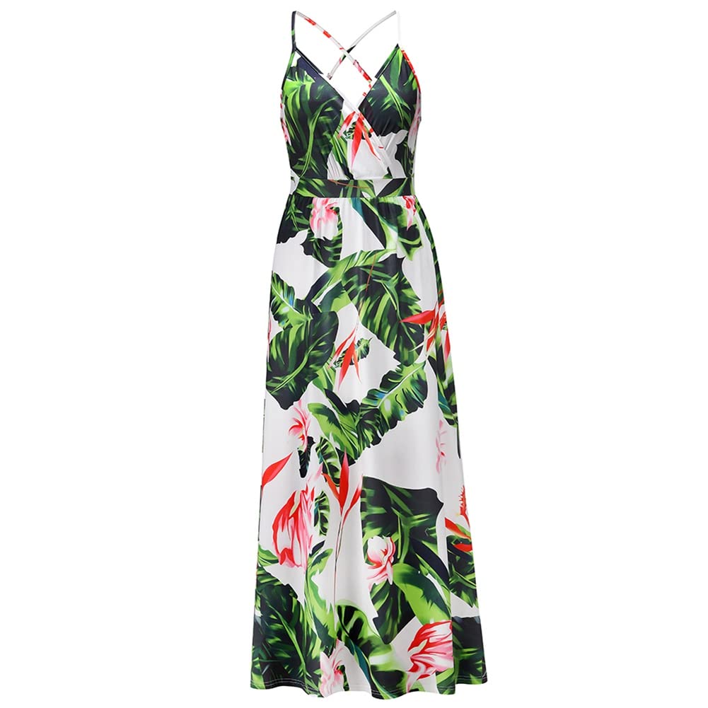 Bohemian Floral Print Women's Maxi Dress - V-Neck Spaghetti Strap Long Sling Dress for Beach, Vacation & Summer Outfits