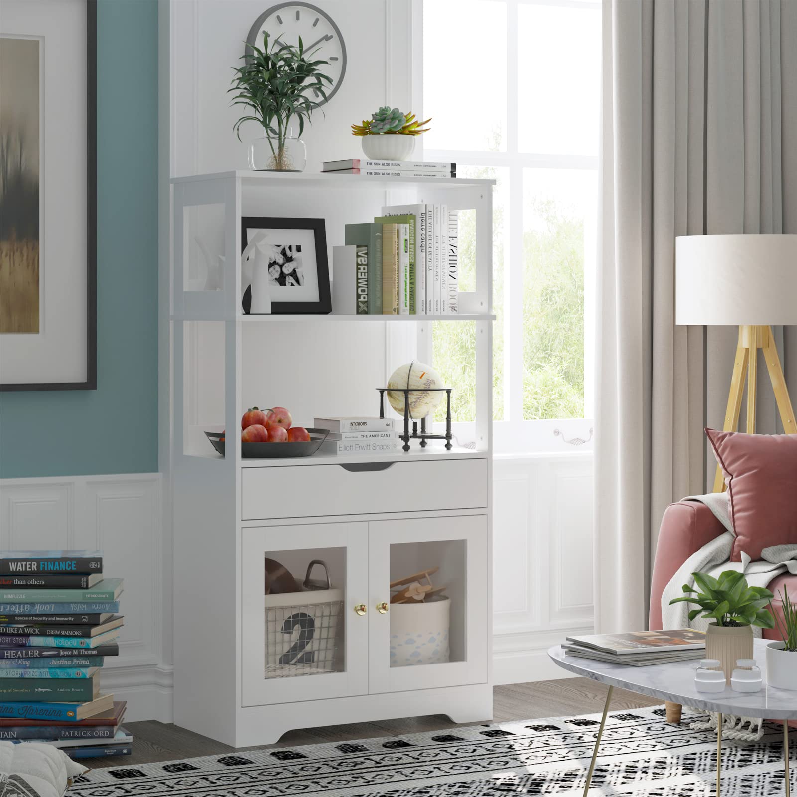White Wood Bathroom Storage Cabinet with Drawer, 2 Open Shelves & Glass Door - Freestanding Floor Cabinet for Bathroom, Living Room, Bedroom Organization - Perfect for Towels, Toiletries & Home Decor Storage