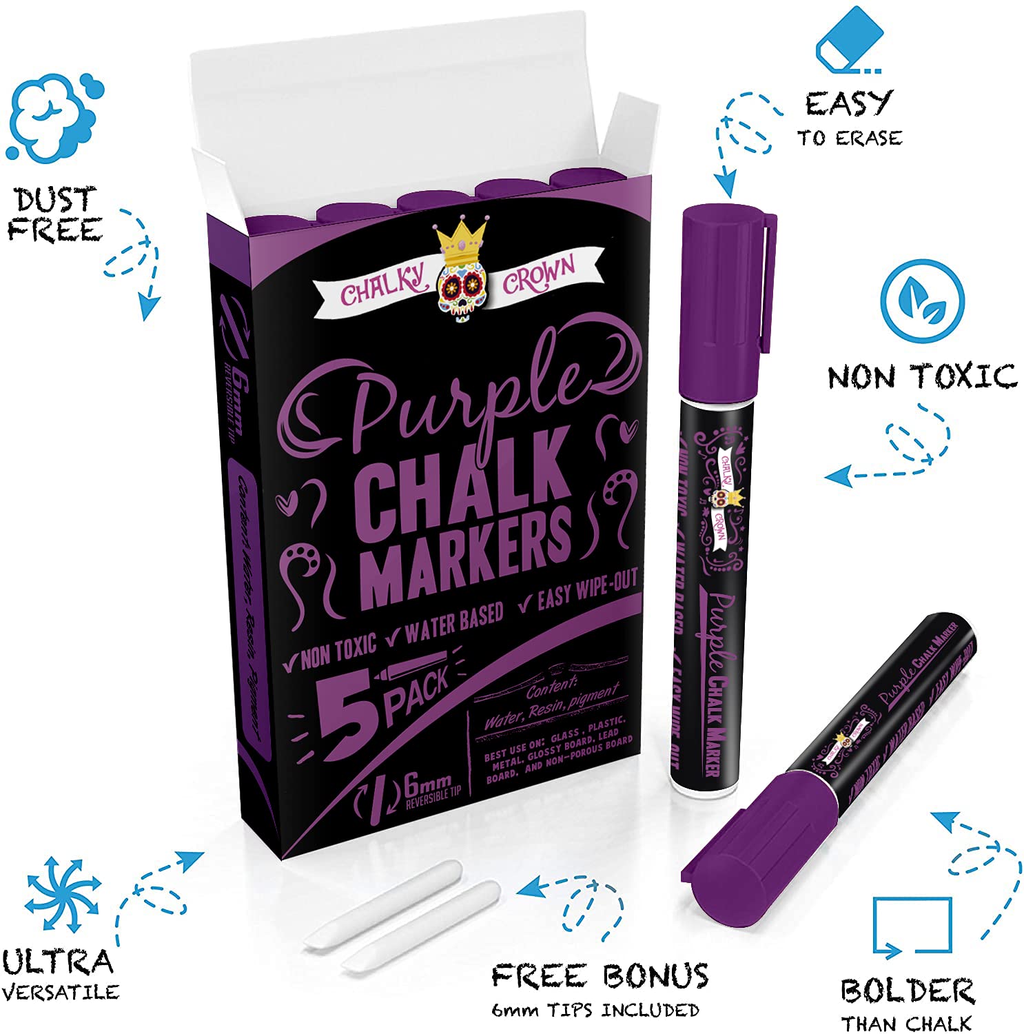 CHALKY CROWN Liquid Chalk Markers - 6mm Reversible Tip Dry Erase Markers for Chalkboard, Blackboard, Windows, Glass & Mirror Writing - Non-Toxic Washable Markers (5 Pack, Purple) - Perfect for Restaurants, Cafes, Retail Signs & DIY Home Decor
