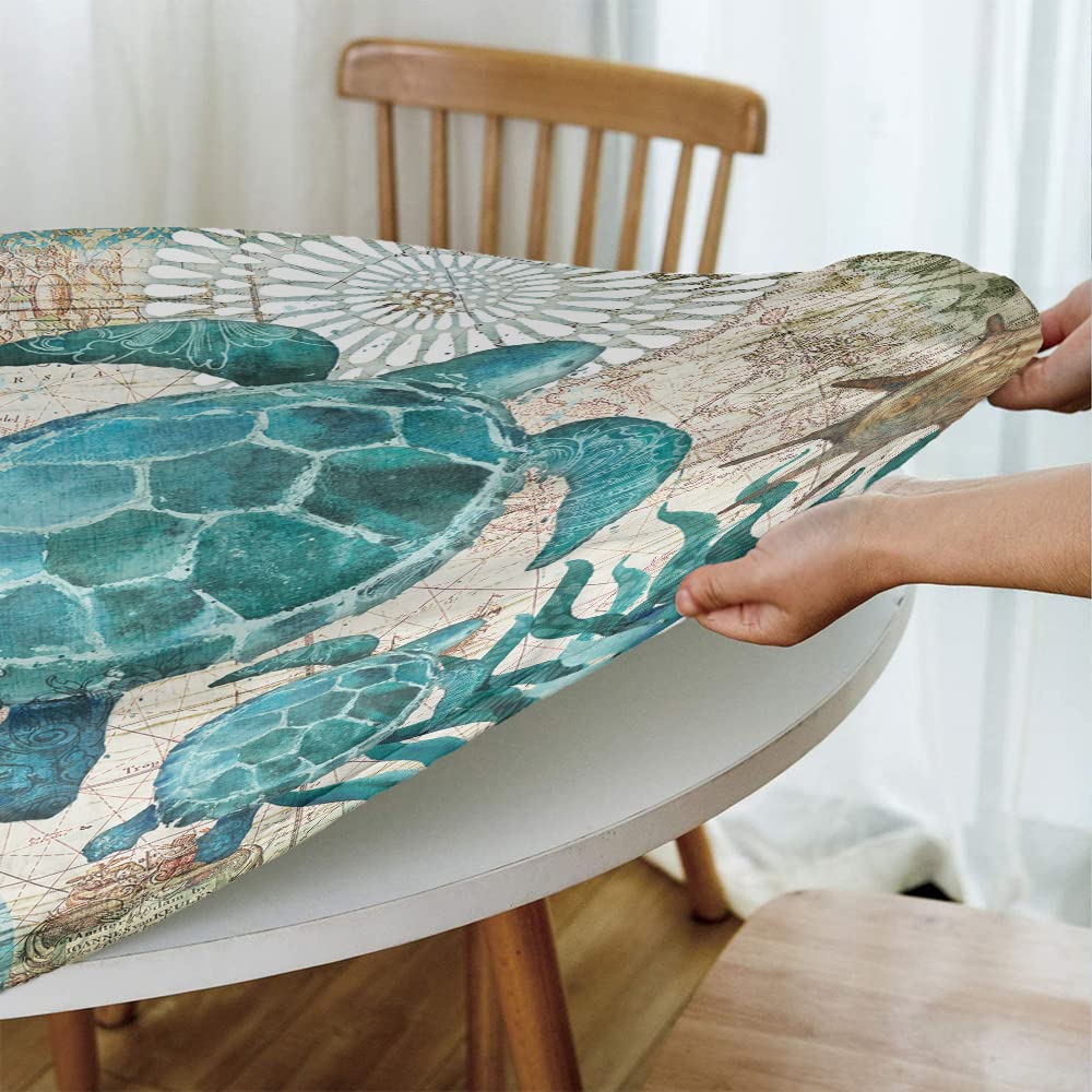 Sea Turtle Print Round Tablecloth - Elastic Edge Waterproof Table Cover for 36