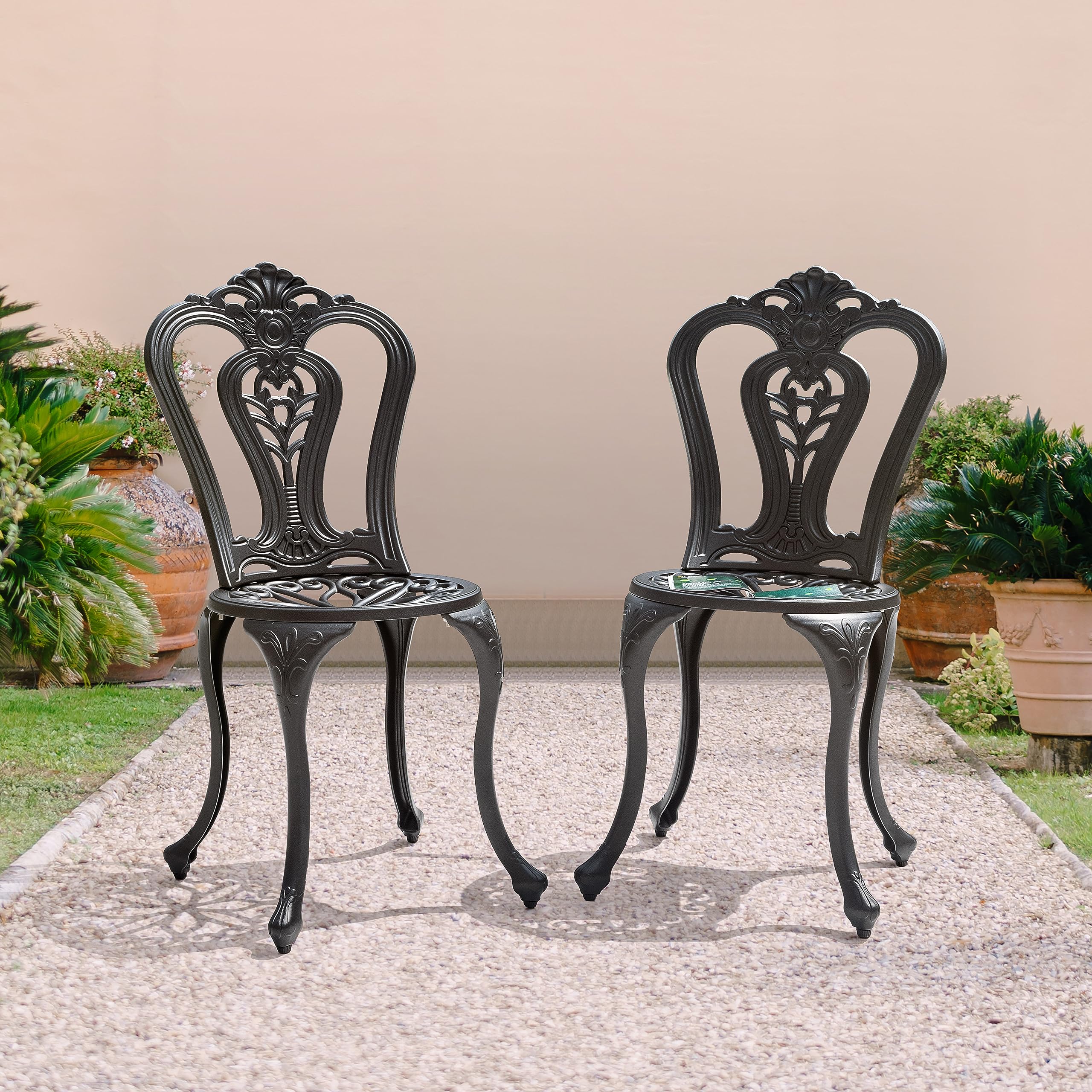 NUU GARDEN 2-Pack Cast Aluminum All-Weather Outdoor Dining Chairs - Patio, Garden, Balcony & Backyard Bistro Seating - Durable Indoor/Outdoor Use for Restaurants, Cafes & Home Decor (Black)