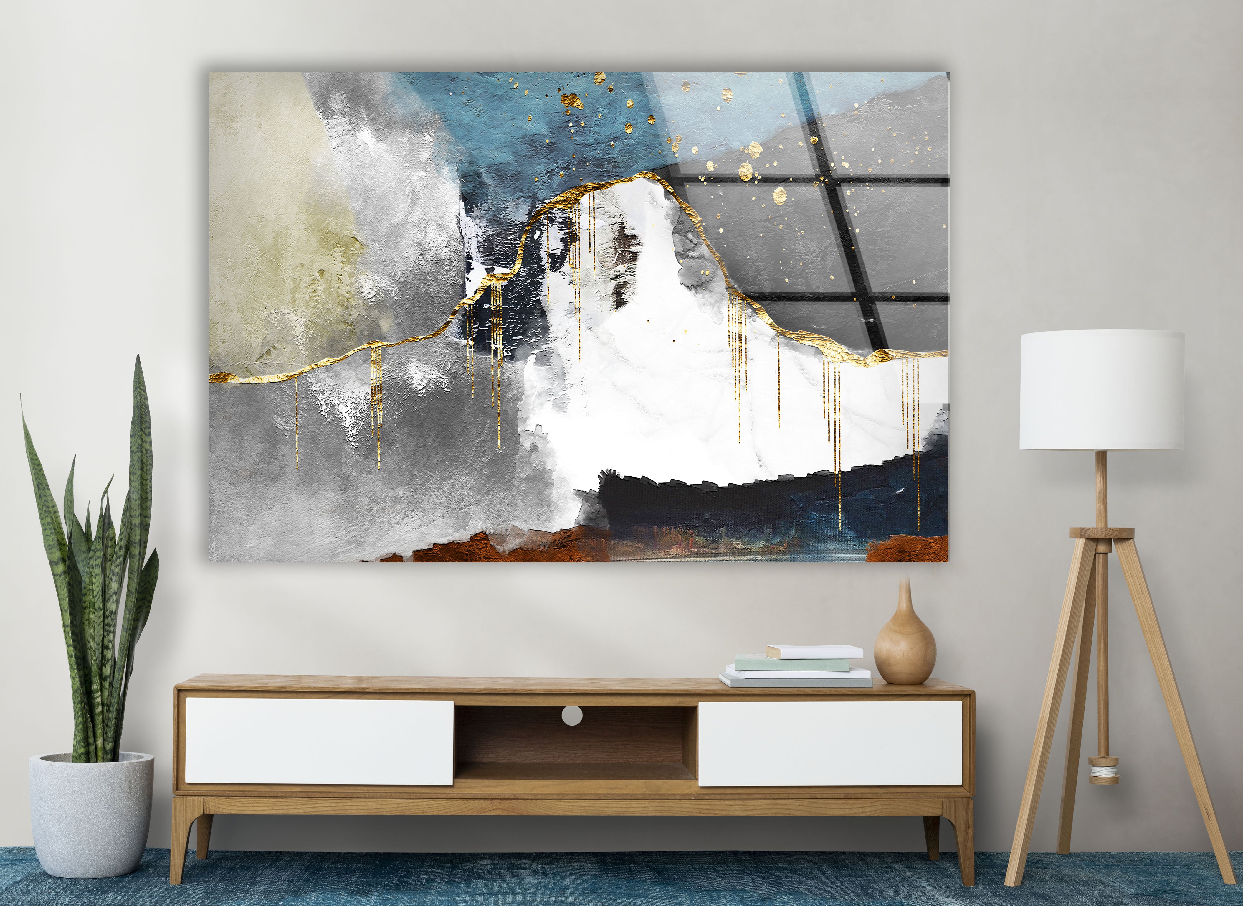 Abstract Mountain Wall Art - Blue, Gold & Neutral Glass Print Decor | Modern Home & Office Decoration | Perfect for Living Room, Bedroom or Workspace