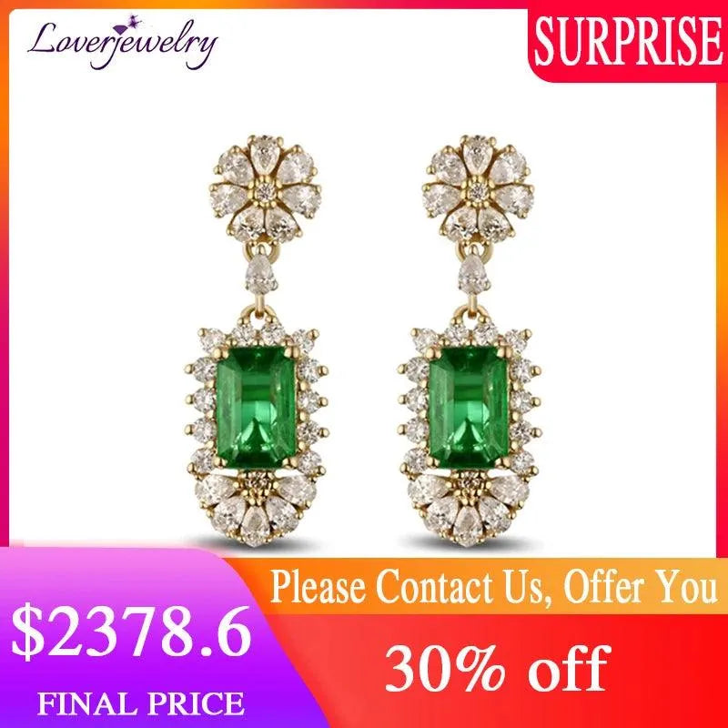 14K Yellow Gold Natural Emerald & Diamond Drop Earrings for Women | 585 Gold Fine Jewelry | Elegant Party & Wedding Gift for Her