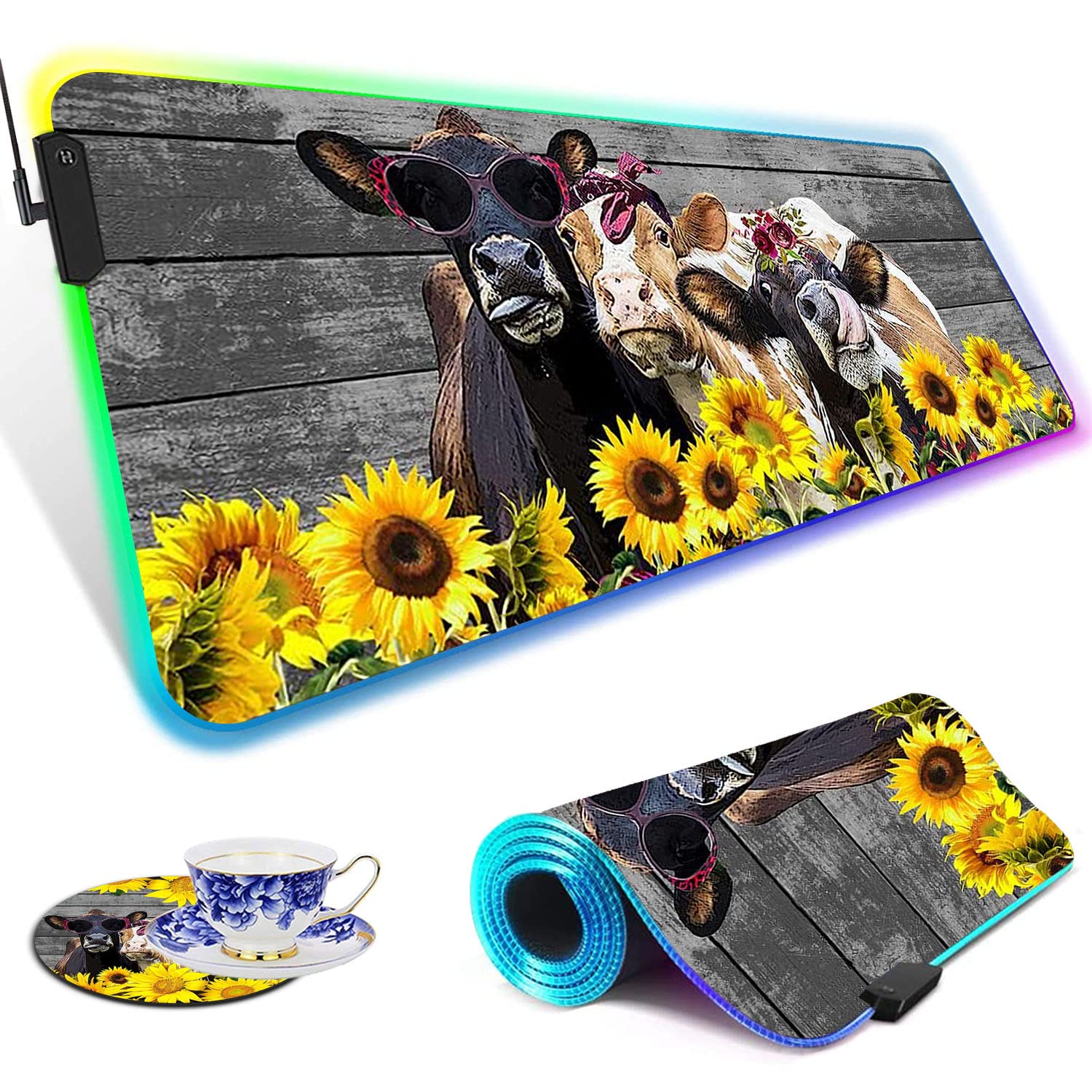 RGB Gaming Mouse Pad - Large LED Light-Up Desk Mat with Non-Slip Waterproof Surface for PC Gaming, Office Work & Streaming (Cow on Sunflower Design) - Perfect for Gamers, Programmers & Home Office Setup