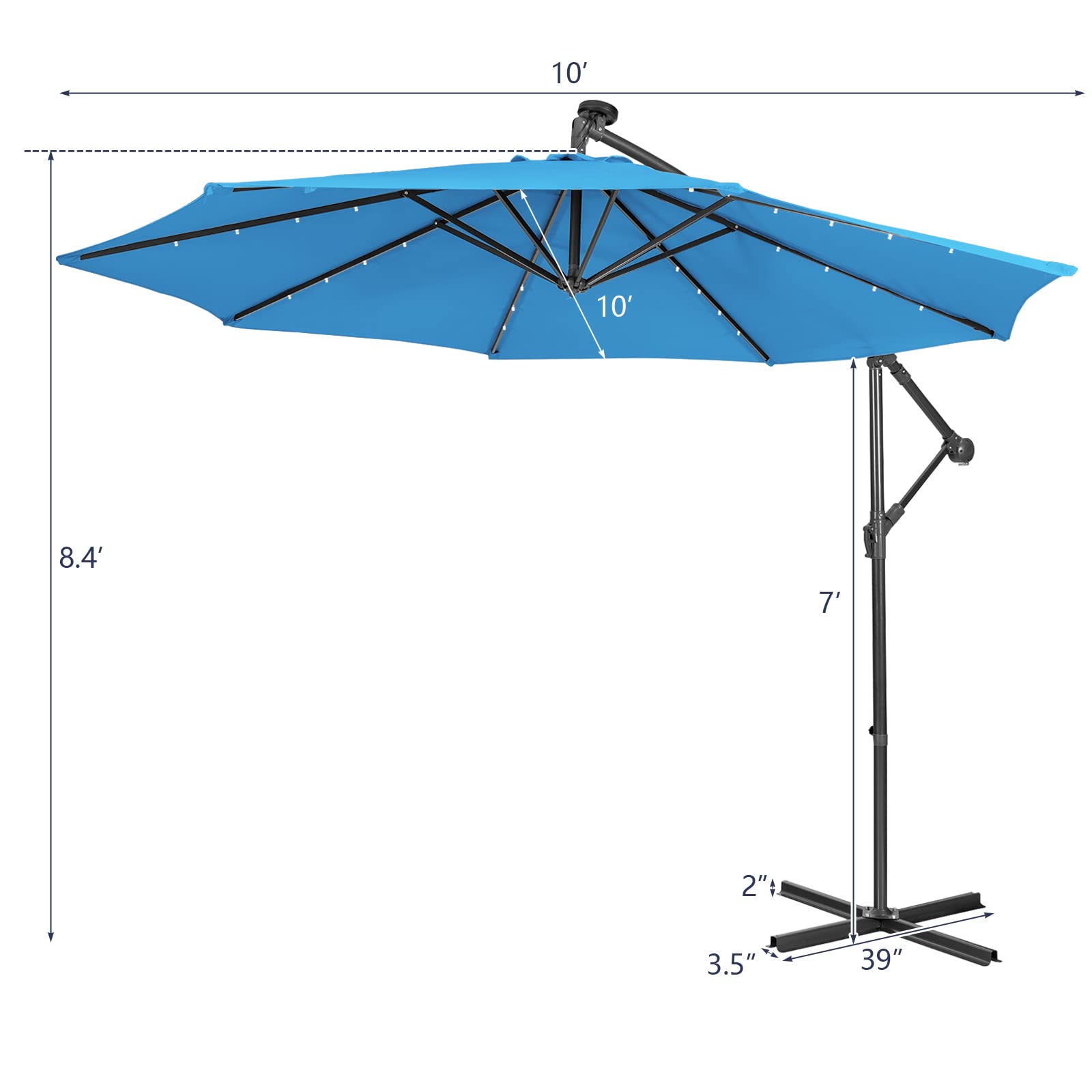 Giantex 10 Ft Solar Powered LED Patio Umbrella with 8 Ribs & Tilting Adjustment - Heavy Duty Cantilever Offset Umbrella for Pool, Garden, and Outdoor Relaxation
