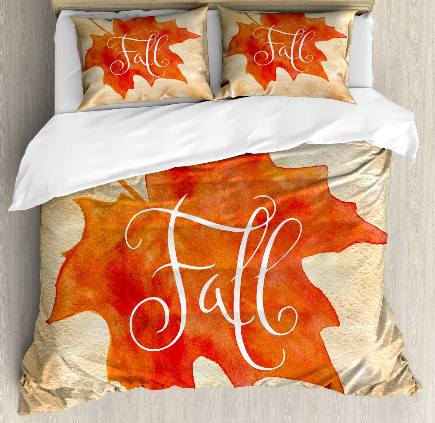 Ambesonne Autumn Duvet Cover Set - Watercolor Maple Leaf Design on Vintage Background | 2 Duvet Covers + 4 Pillowcases | 2-Pack California King Size in Orange, Pale Brown & White | Perfect for Fall Bedroom Decor & Seasonal Home Styling
