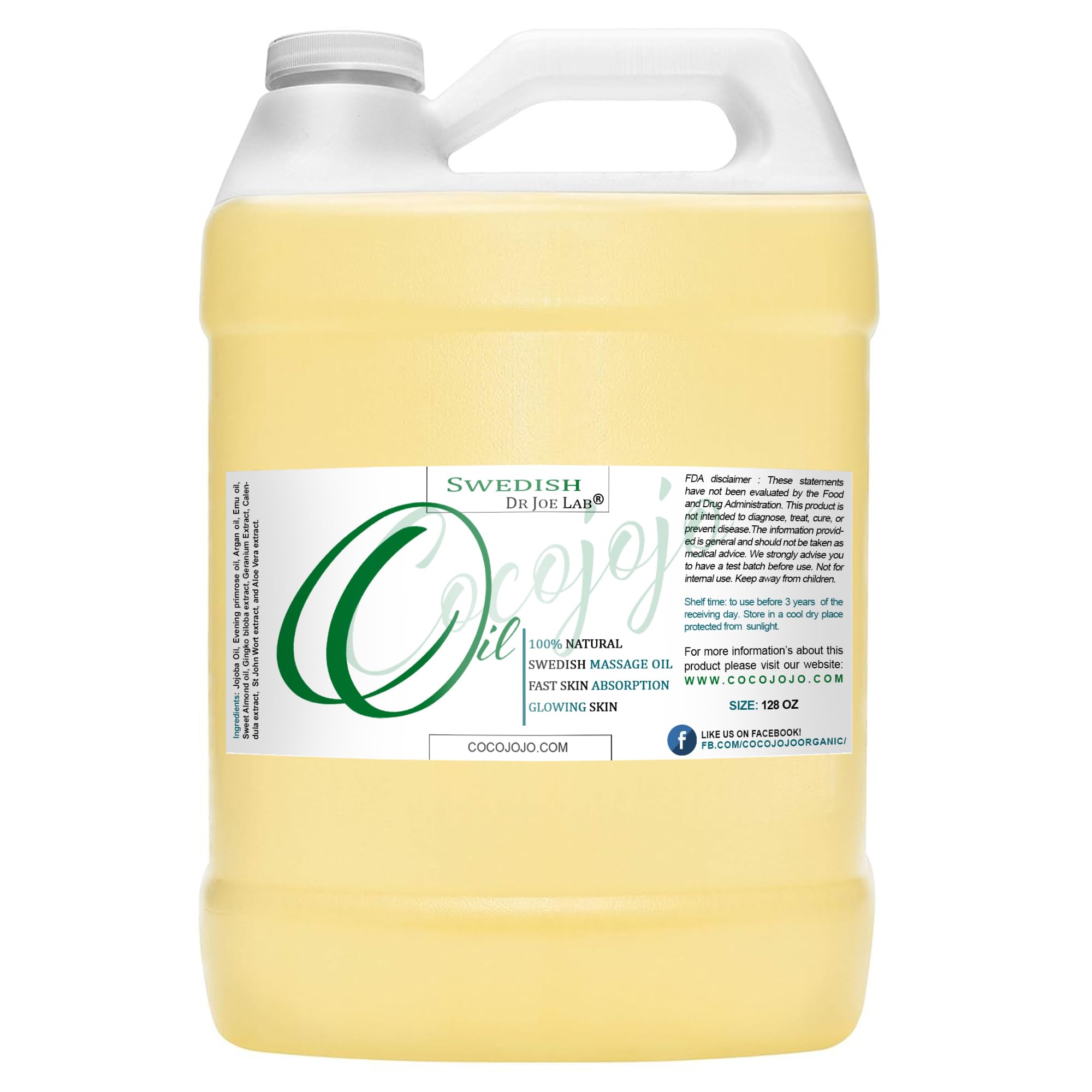 1 Gallon Swedish Jojoba Massage Oil Blend - Natural Argan, Emu & Herbal Extracts for Deep Tissue Therapy - Ayurvedic Moisturizing Hydrating Oil for Hot Towel Spa, Massage & Body Care
