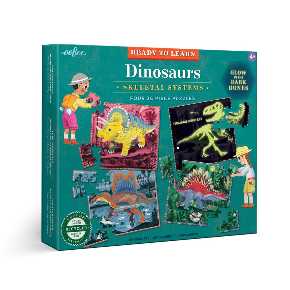 eeBoo Dinosaurs Ready to Learn 36-Piece 4 Puzzle Set - Glow in The Dark Educational Puzzles for Kids | Perfect for Bedtime, Playtime & Learning Activities