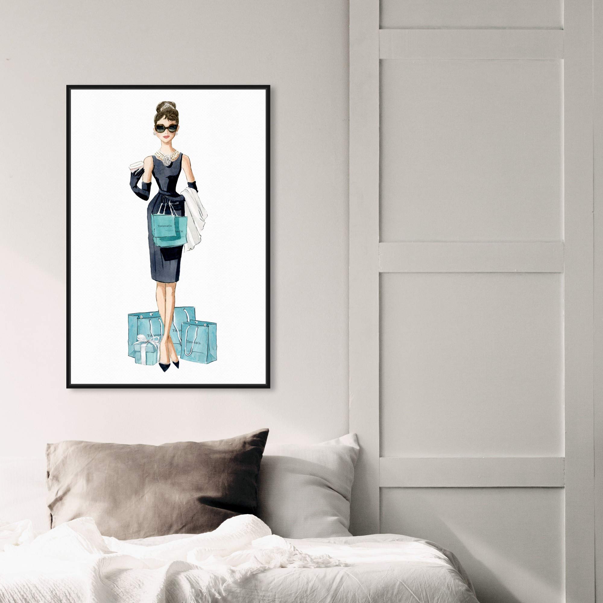 Oliver Gal Artist Co. 'Diamond Breakfast Shopping' Framed Wall Art Canvas Print - 20x30 Inches Blue & Black - Celebrity Portrait Home Decor for Living Room, Bedroom & Office