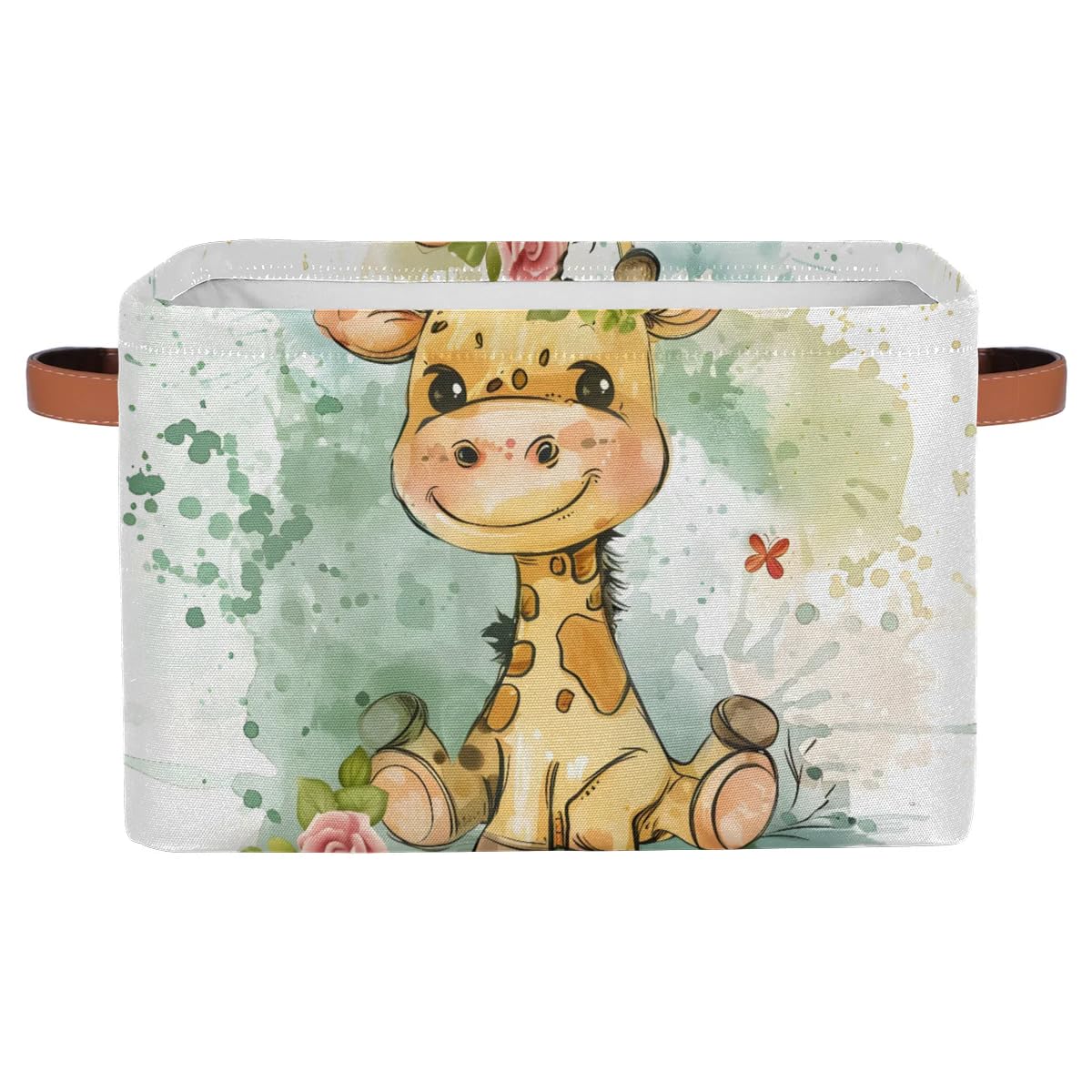 Cute Giraffe Watercolor Fabric Storage Bins with Handles - Large Collapsible Closet Organizer Baskets for Shelves, Home Decor & Toy Storage (2-Pack) | Perfect for Nursery, Kids Room & Bedroom Organization