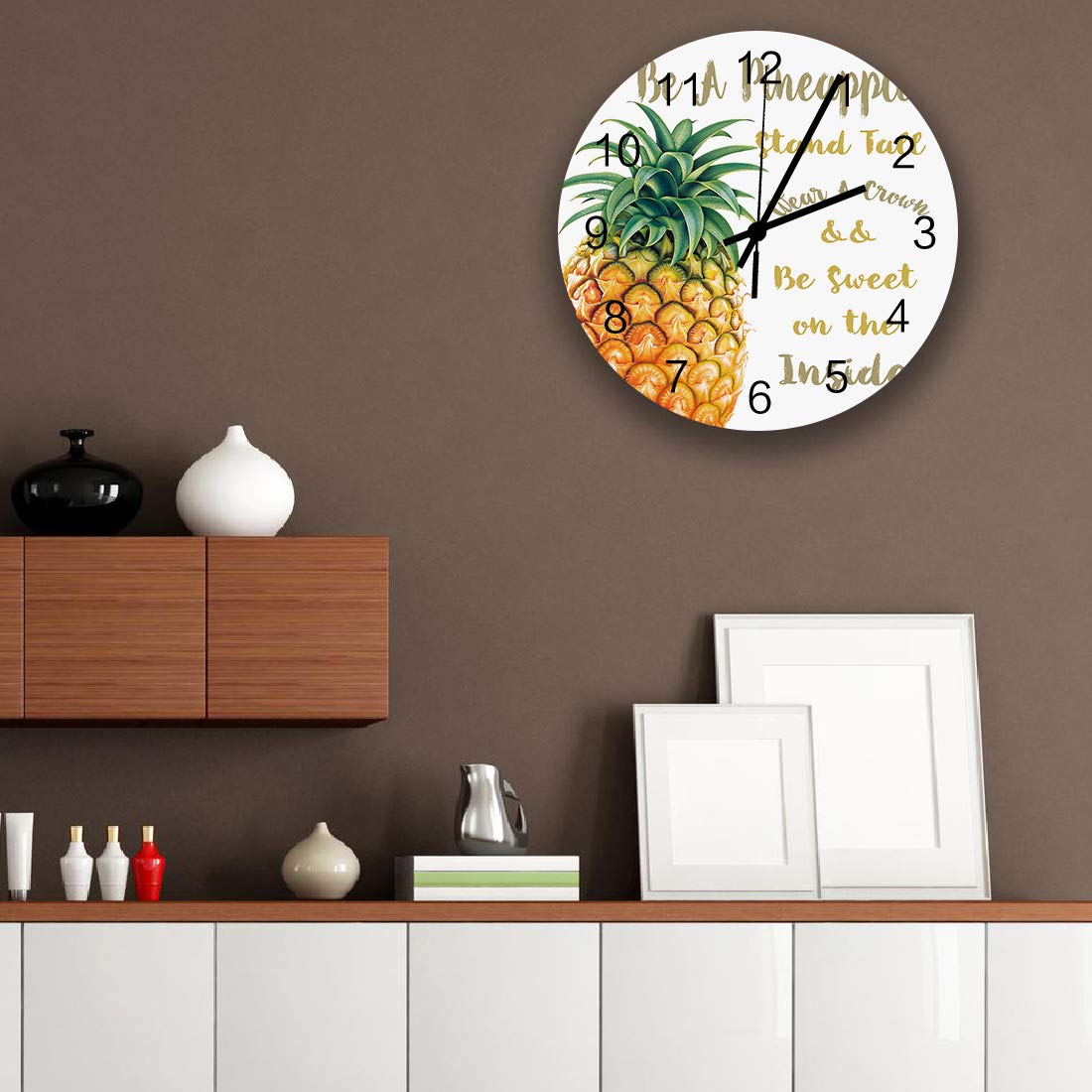 12 Inch Silent Non-Ticking Wooden Round Wall Clock with Pineapple Design and Inspirational Quotes - Battery Operated Home Decor for Kitchen, Bathroom, Living Room - Perfect for Farmhouse, Coastal, and Boho Style Interiors