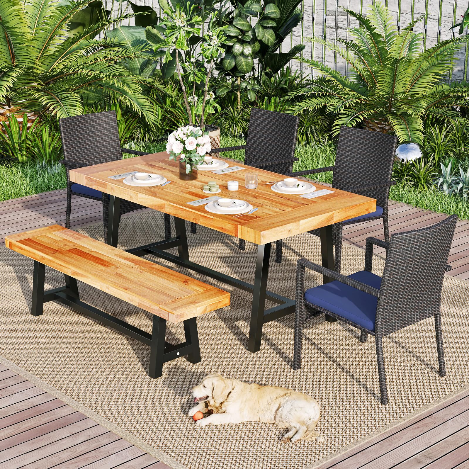 Sophia & William 6-Piece Outdoor Patio Dining Set with Wood Table, Rattan Chairs & Bench - Perfect for Backyard, Deck, Porch & Garden Gatherings | Durable Weather-Resistant Furniture for Outdoor Entertaining
