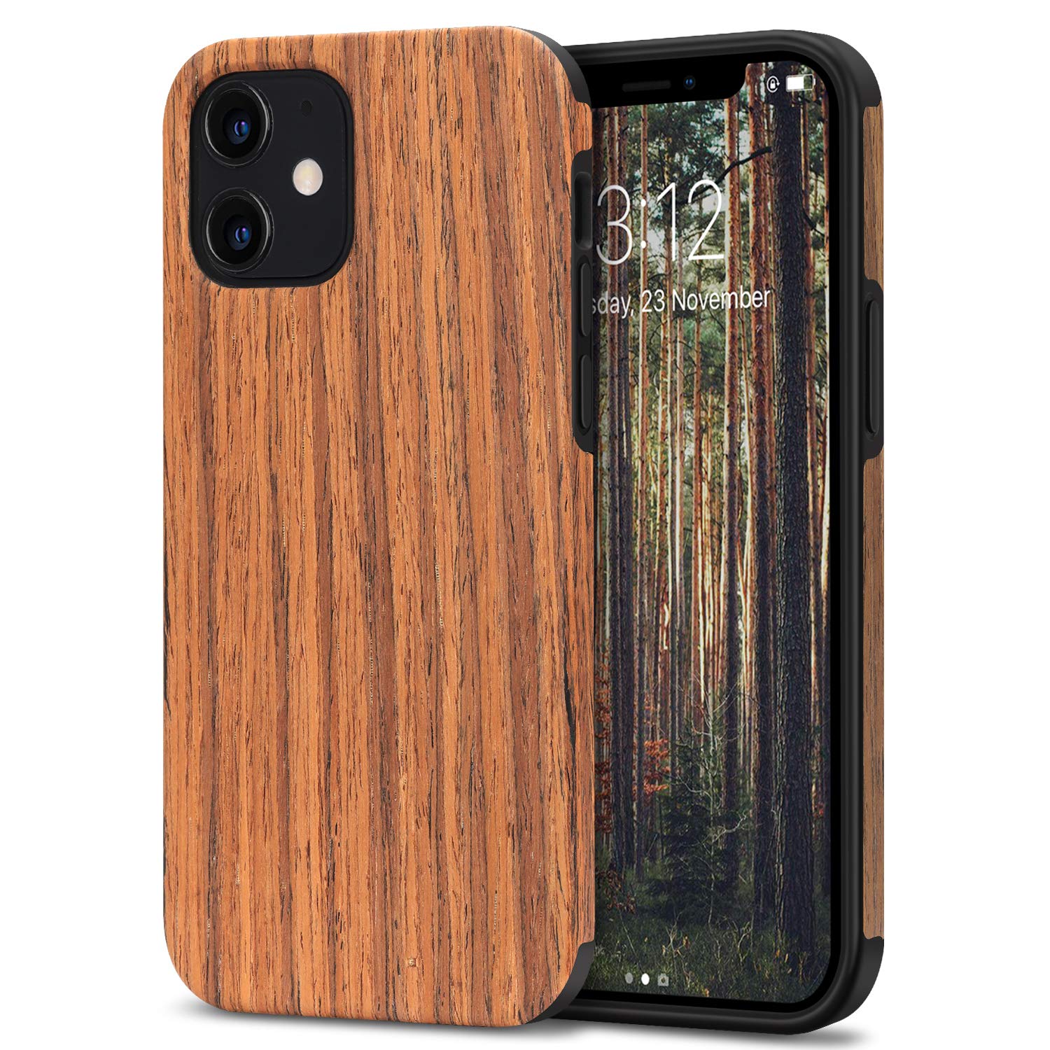 TENDLIN iPhone 12 Case & iPhone 12 Pro Case - Wood Grain Design with TPU Hybrid Protection (Red Sandalwood) - Slim Protective Cover for Everyday Use, Work & Travel