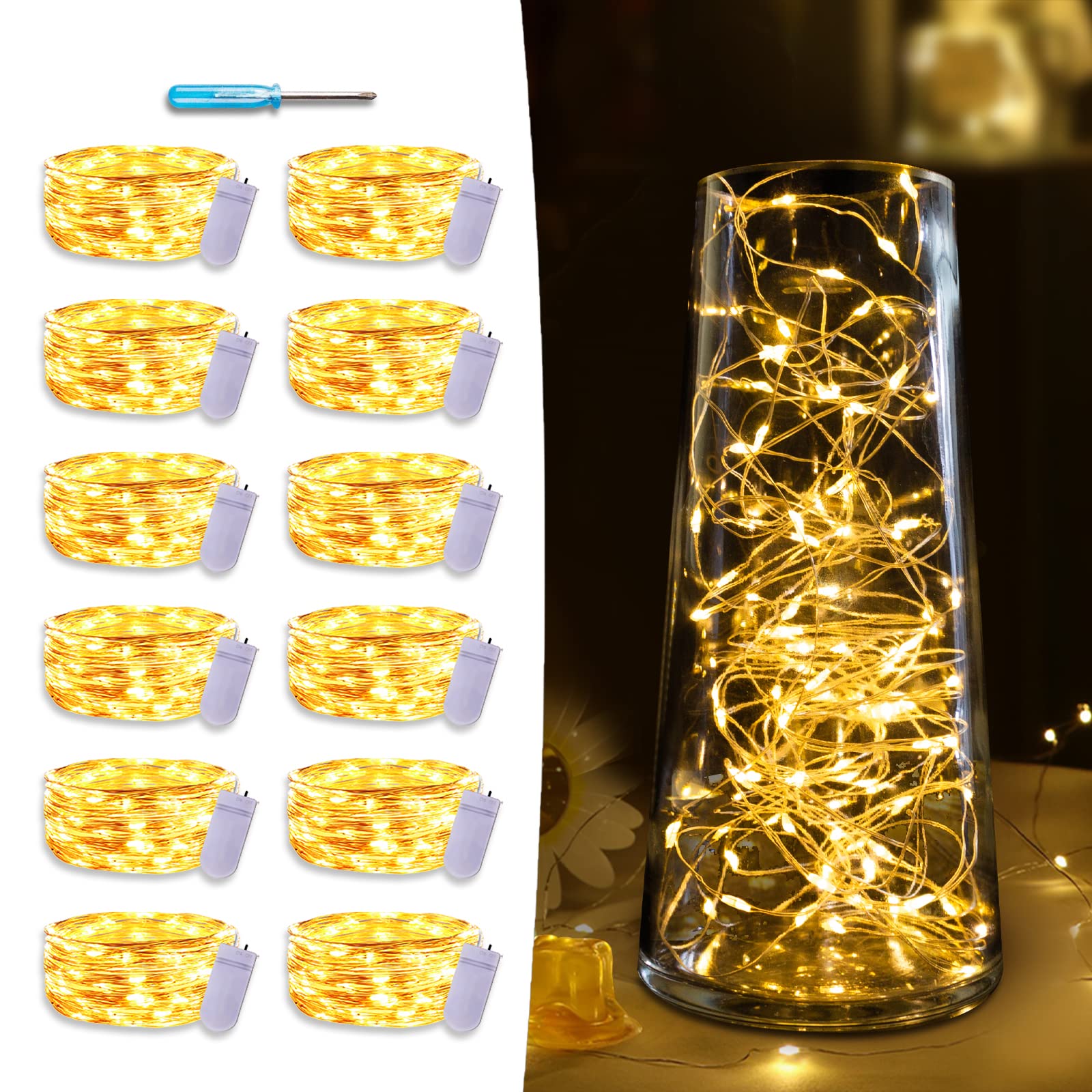 12 Pack LED Fairy Lights Battery Operated - 7 Feet 20 LED Flexible Firefly String Lights for Mason Jars, DIY Wedding, Party, Bedroom & Christmas Decorations (Warm White) | Perfect for Indoor/Outdoor Home Decor, Garden Lighting and Special Occasions