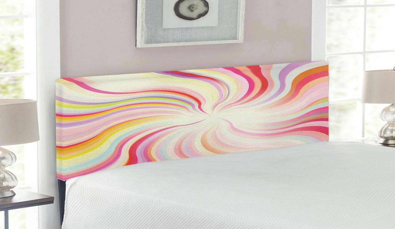Ambesonne Pastel Headboard - Abstract Sunburst Design with Wavy Lines, 60s 70s Retro Psychedelic Style, Upholstered Decorative Metal Bed Headboard with Memory Foam, Queen Size, Multicolor - Perfect for Vintage Bedroom Decor & Boho Chic Home Styling