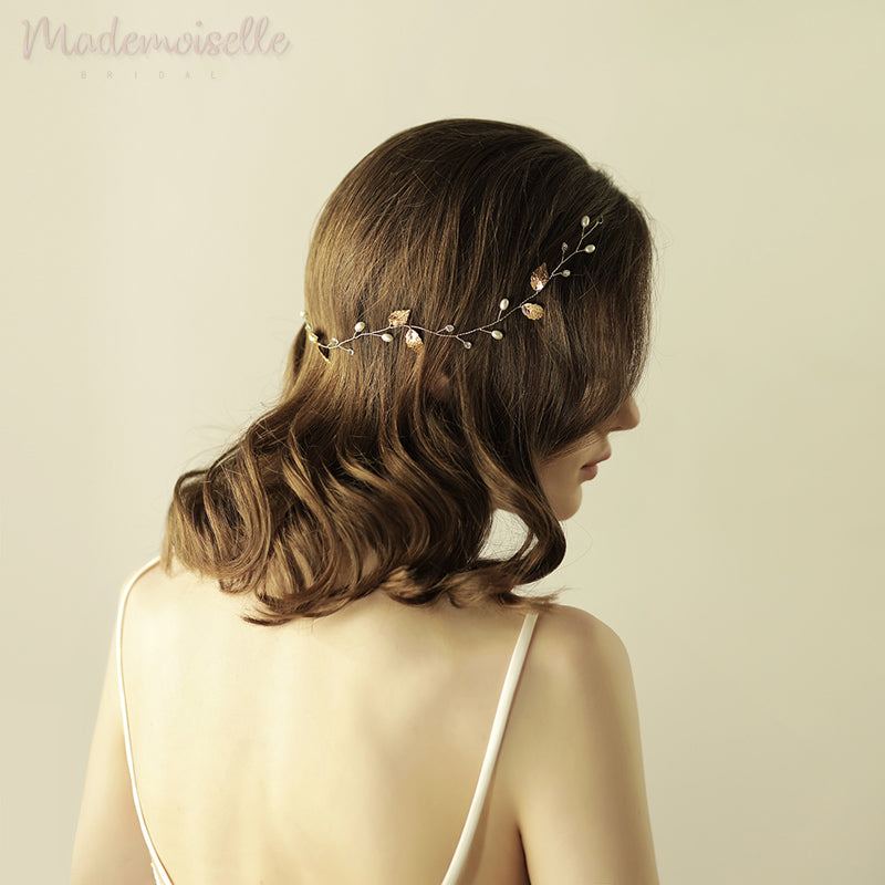 Elegant Pearl and Leaf Hair Vine Headpiece - Bridal Wedding Hair Accessories for Boho, Vintage, and Romantic Styles