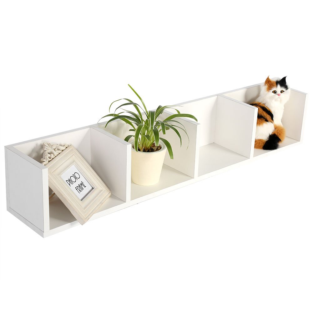 Floating Wall Mount Shelf - White Wooden Bookcase Organizer for Books, CDs, DVDs - Space-Saving Storage Rack for Living Room, Bedroom & Office Decor