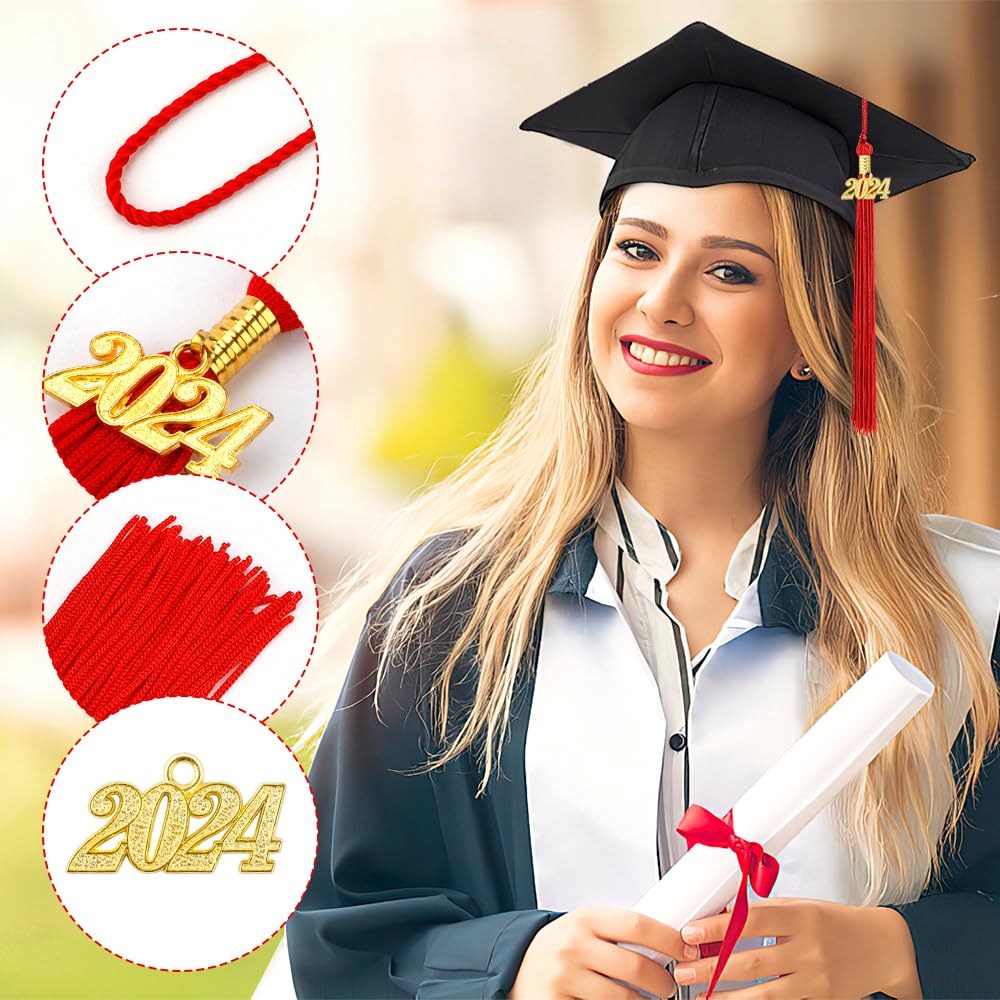 2024 Graduation Tassel Set - 2 Pack Red Commencement Tassel Charms for Cap Decorations | Perfect for High School & College Graduation Ceremonies, Photo Props and Keepsake Gifts