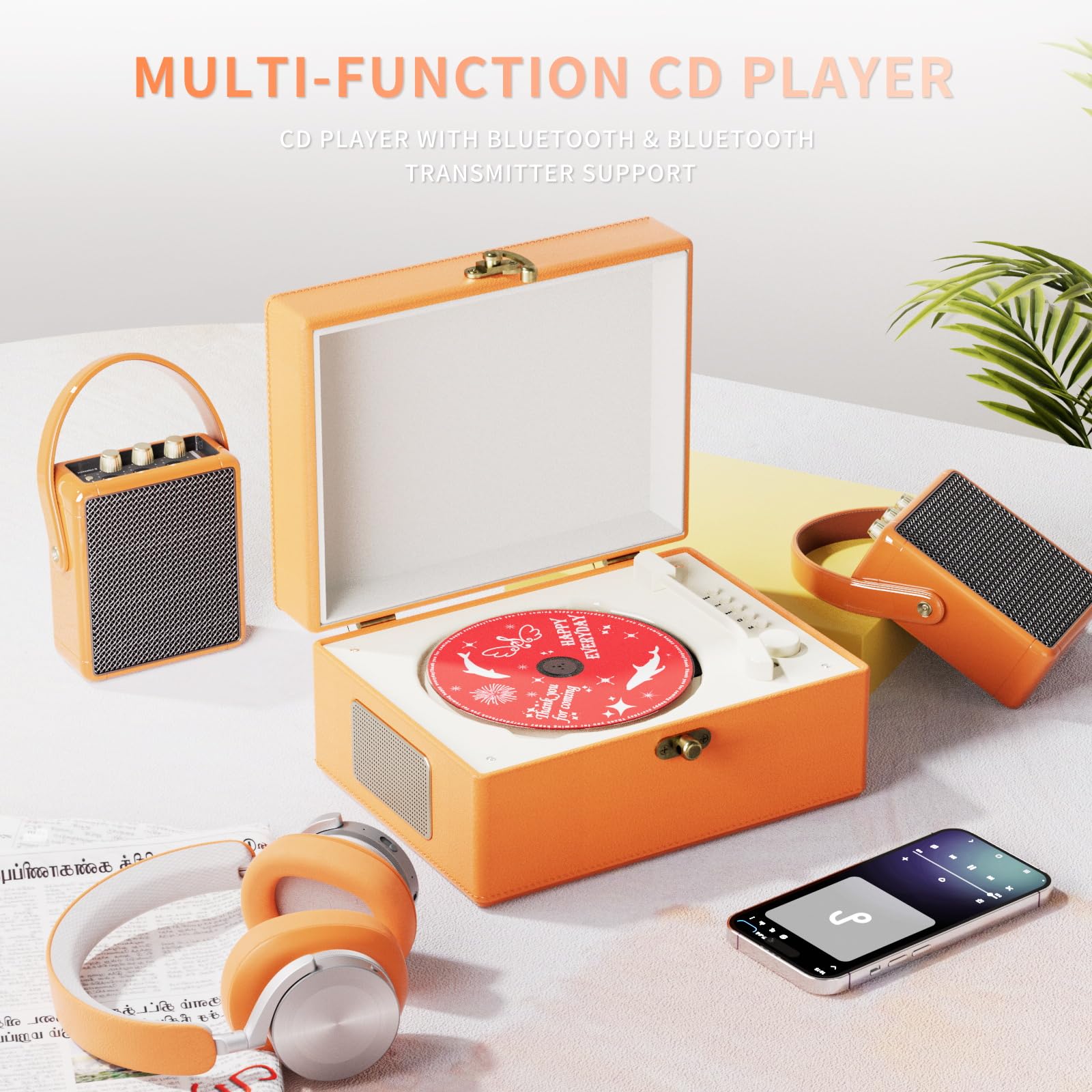 Time Music Box CD Player with Bluetooth & Speakers - Wireless Audio Transmitter for Home, Office, or Party | Perfect Gift for Music Lovers & Home Decor (Orange)