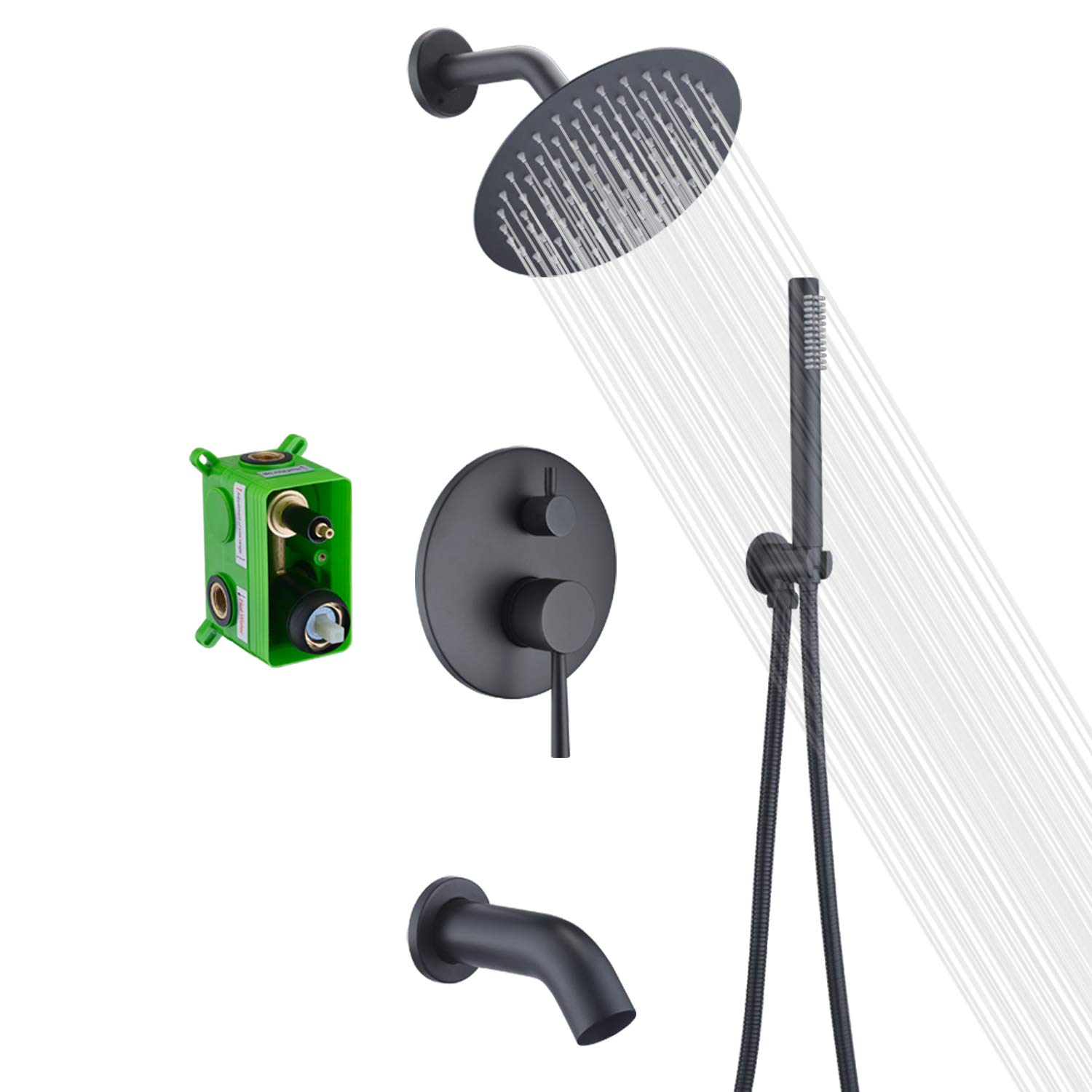 Premium Matte Black Rain Shower System with Waterfall Tub Spout - Complete 8 Inch Rainfall Shower Head & Handheld Sprayer Set - Modern Bathroom Faucet for Luxury Spa Experience at Home