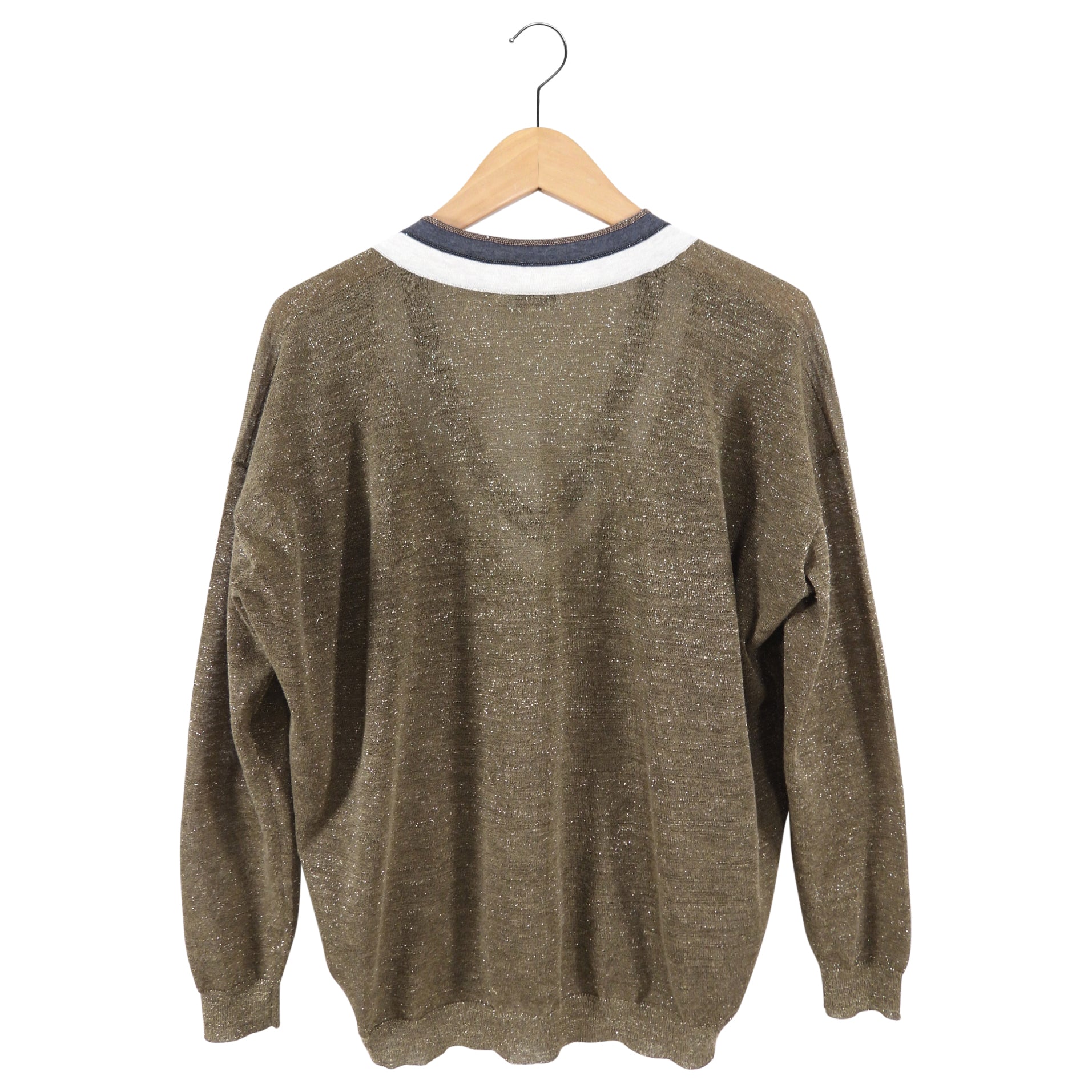 Brunello Cucinelli Gold Shimmer Monili V Neck Sweater for Women - Size M | Luxury Cashmere Knitwear for Elegant Evening Wear & Special Occasions