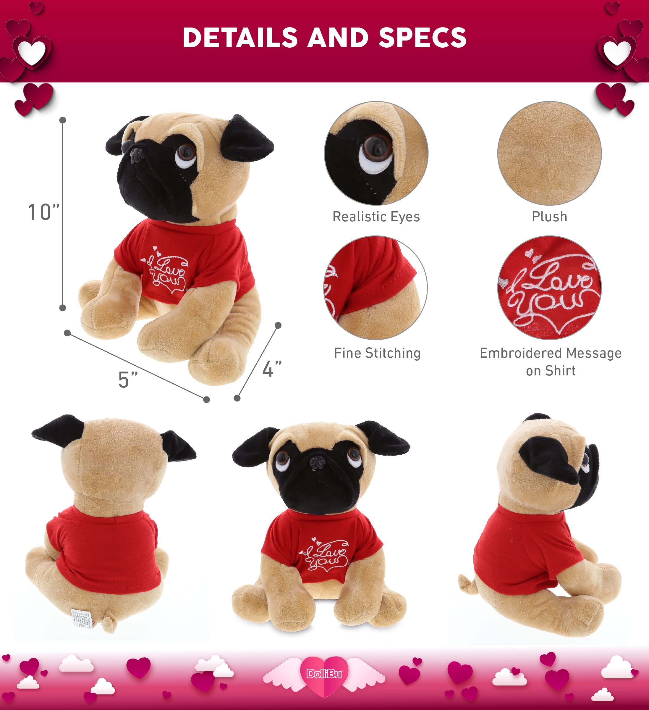Personalized I Love You Plush Pug Dog Stuffed Animal - 10 Inch Valentine's Day Gift with Red Shirt & Name Customization for Her/Him | Perfect for Anniversaries, Birthdays & Romantic Dates | Cute Home Decor & Surprise Gift Idea