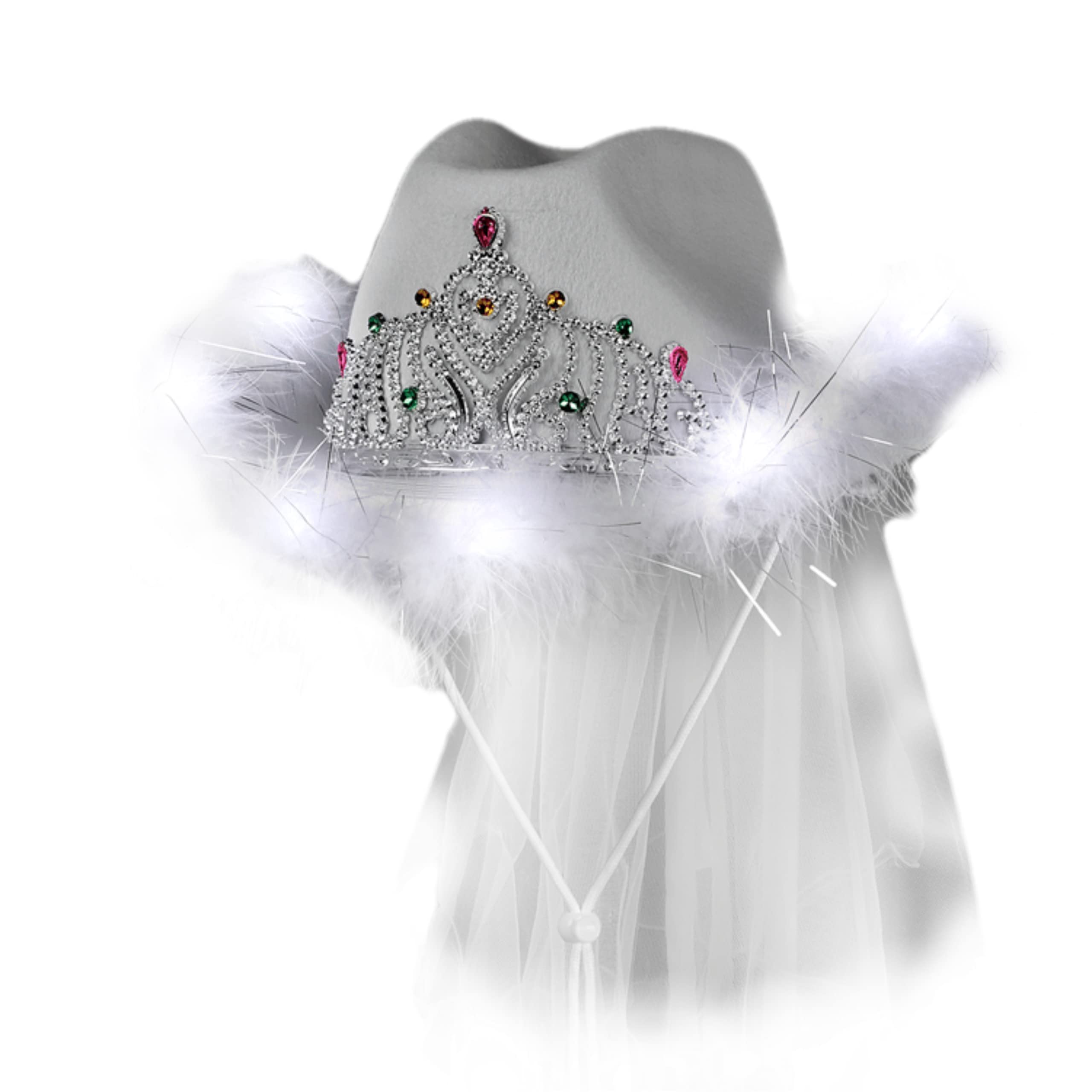 Blinkee Bridal Party Hat Pack - 11 Green LED Sequin Cowboy Hats & White LED Tiara Cowgirl Hat with Veil for Bachelorette Party, Wedding Reception & Western Theme Events